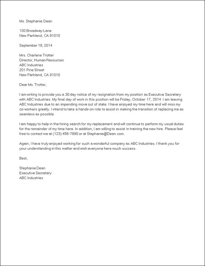 1 month notice resignation letter template example