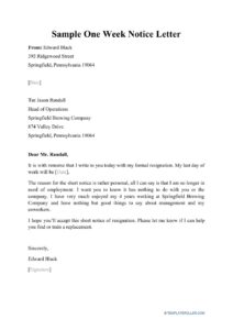 Printable 1-Week Notice Resignation Letter Template
