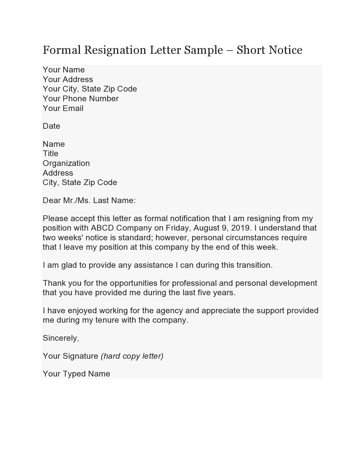 1 week notice resignation letter template example