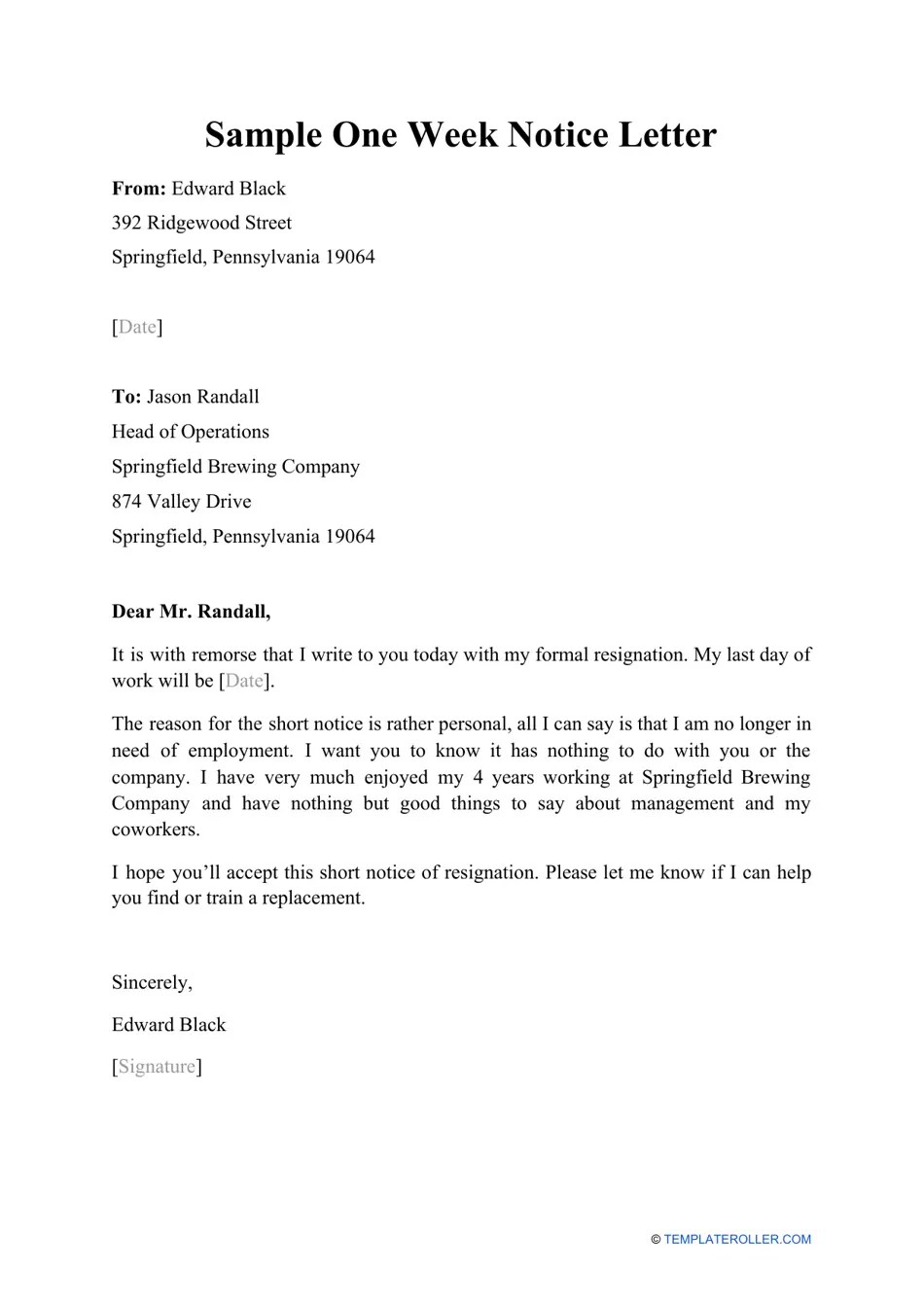 1 week notice resignation letter template