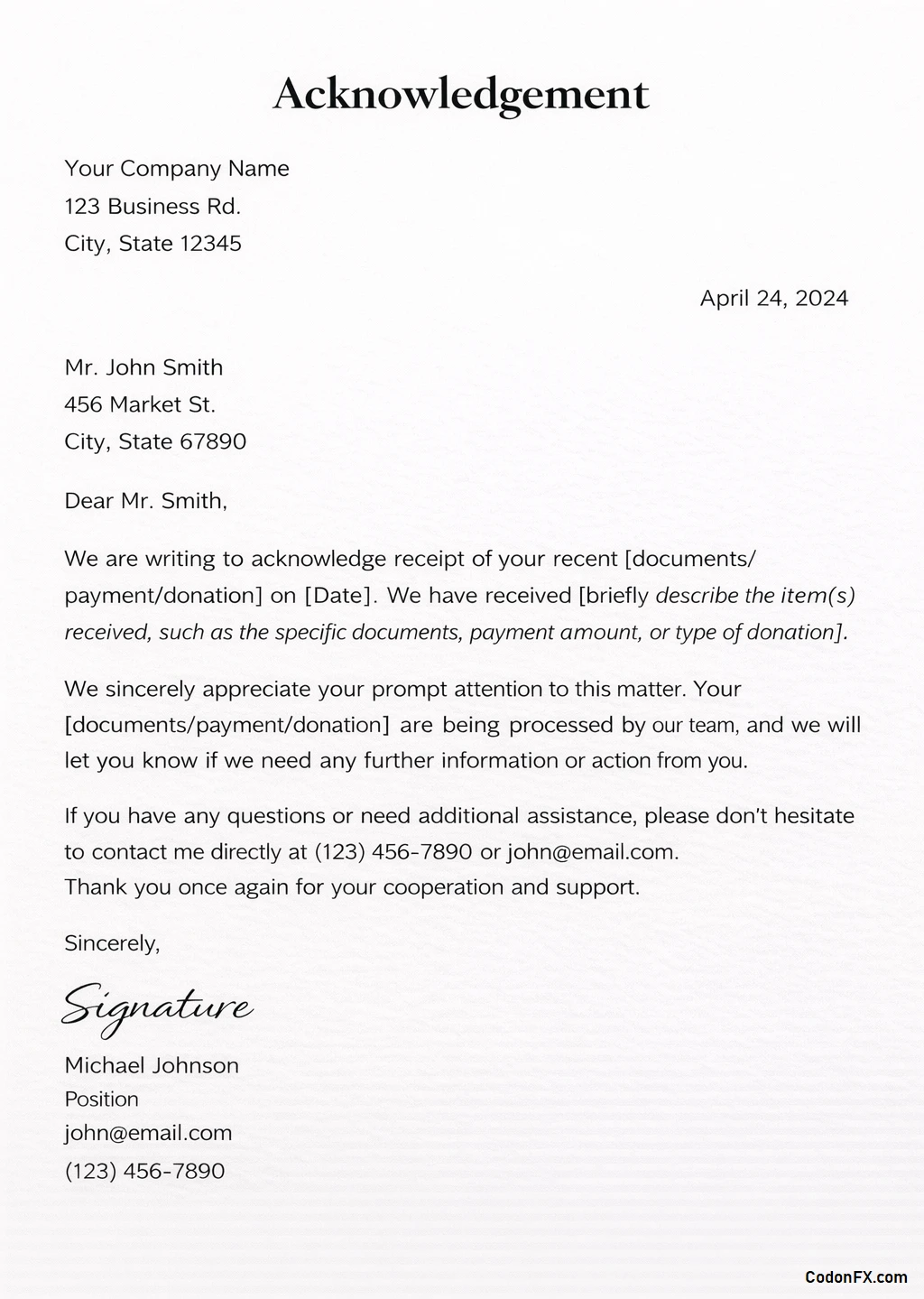 Acknowledgement Letter Template Word
