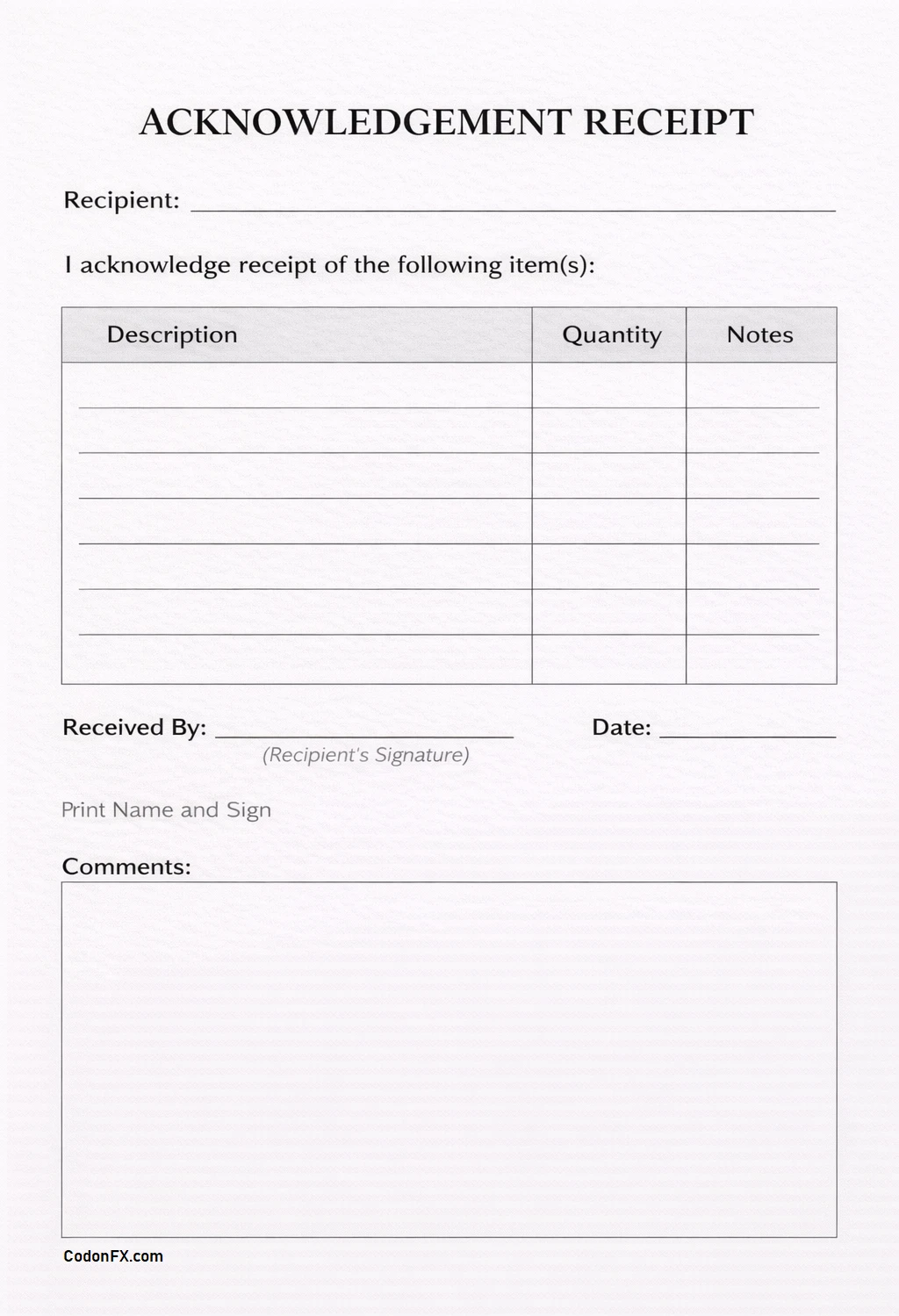Acknowledgement Receipt Template Simple Blank Acknowledgement Receipt Template