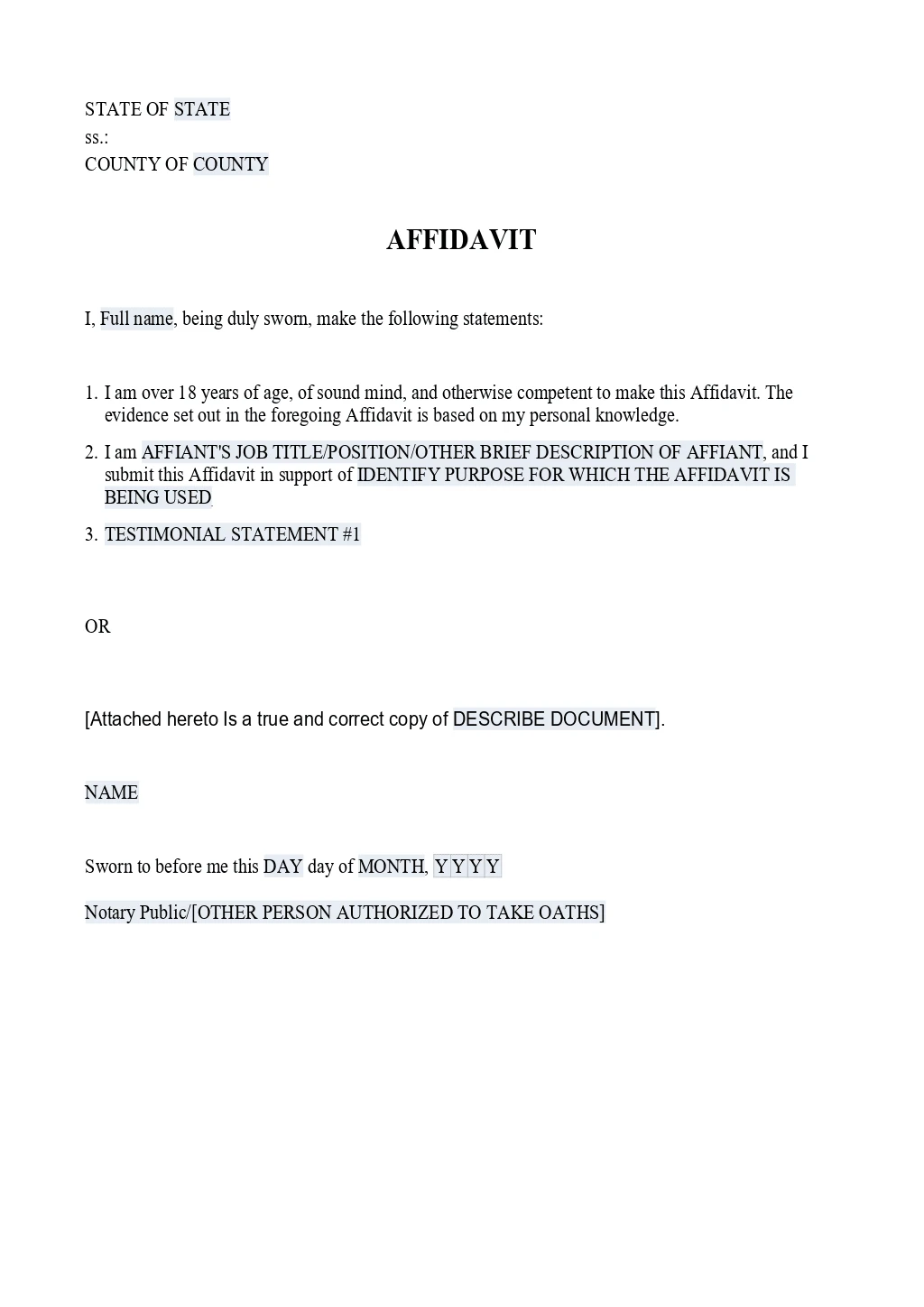 Affidavit Form Template Word