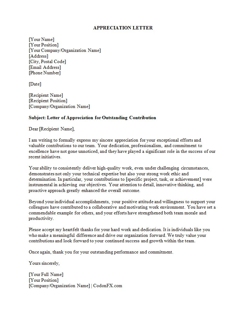 Appreciation Letter Template Appreciation Letter Template Word