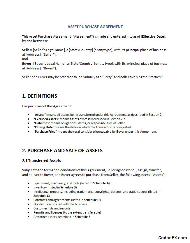 Asset Purchase Agreement Template Asset Purchase Agreement Template Word