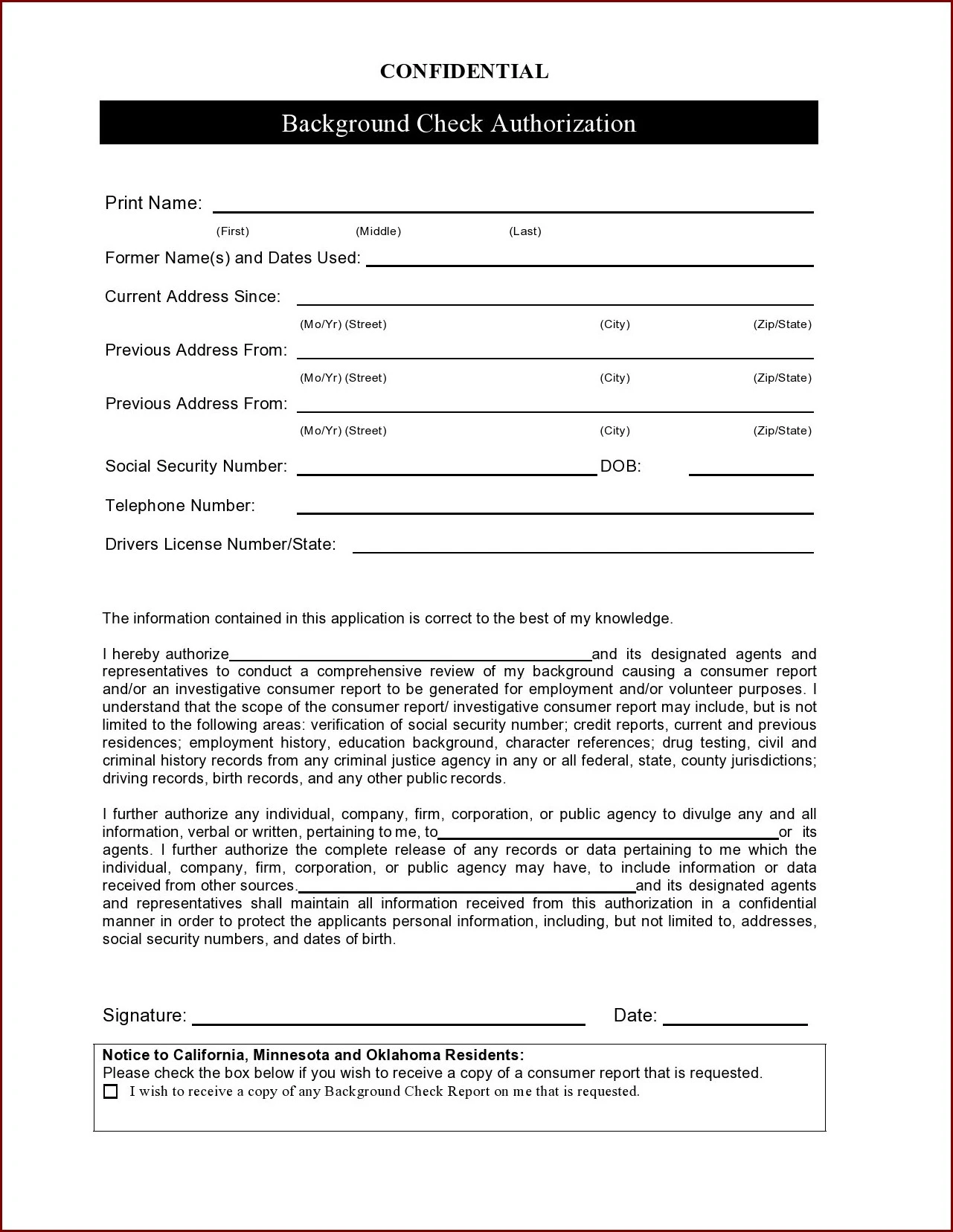 Background Check Authorization Form Sample