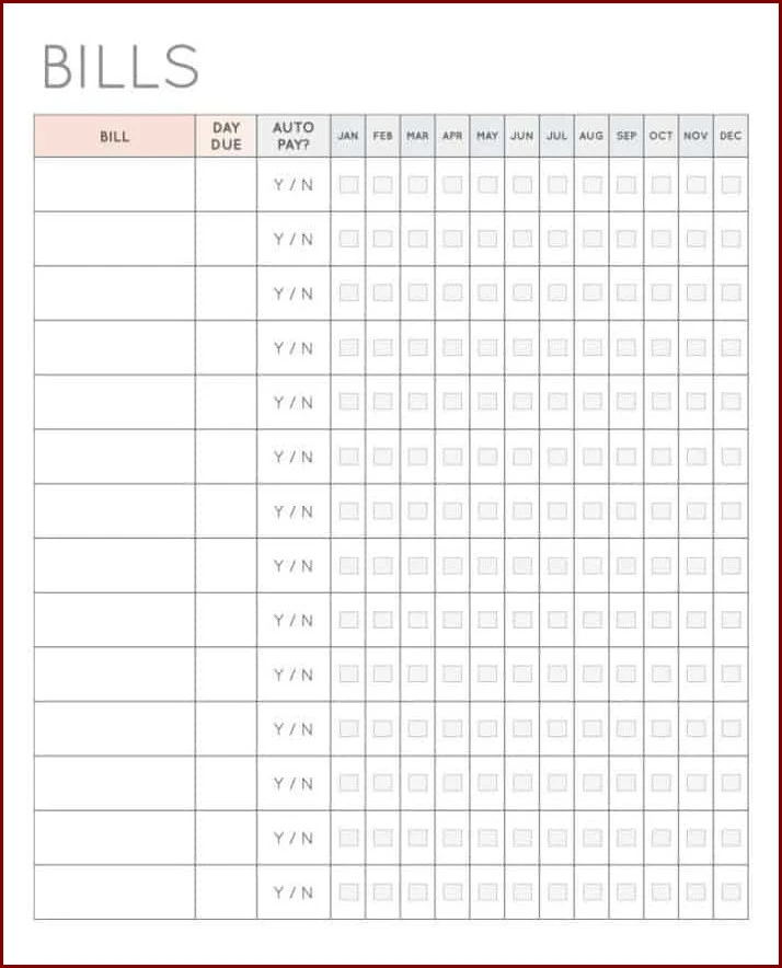 Bill Organizer Template Sample