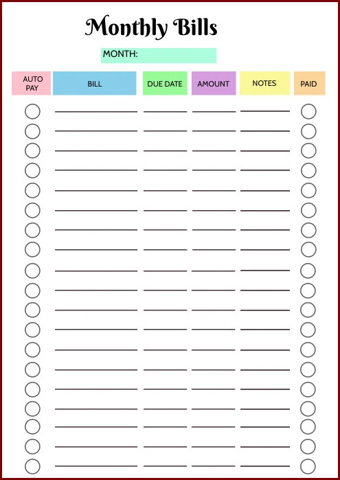 Bill Organizer Template