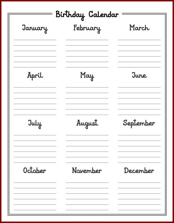 Birthday Calendar Template Example