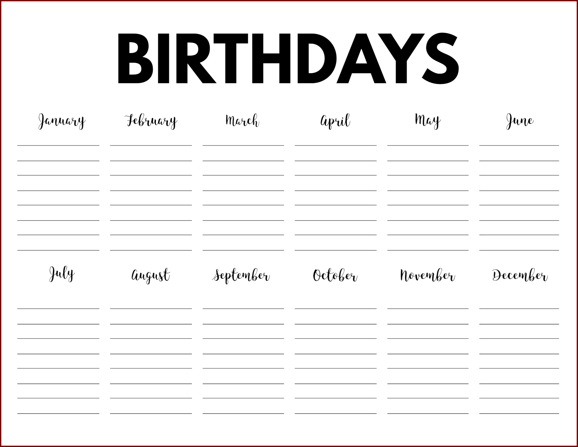 Birthday Calendar Template