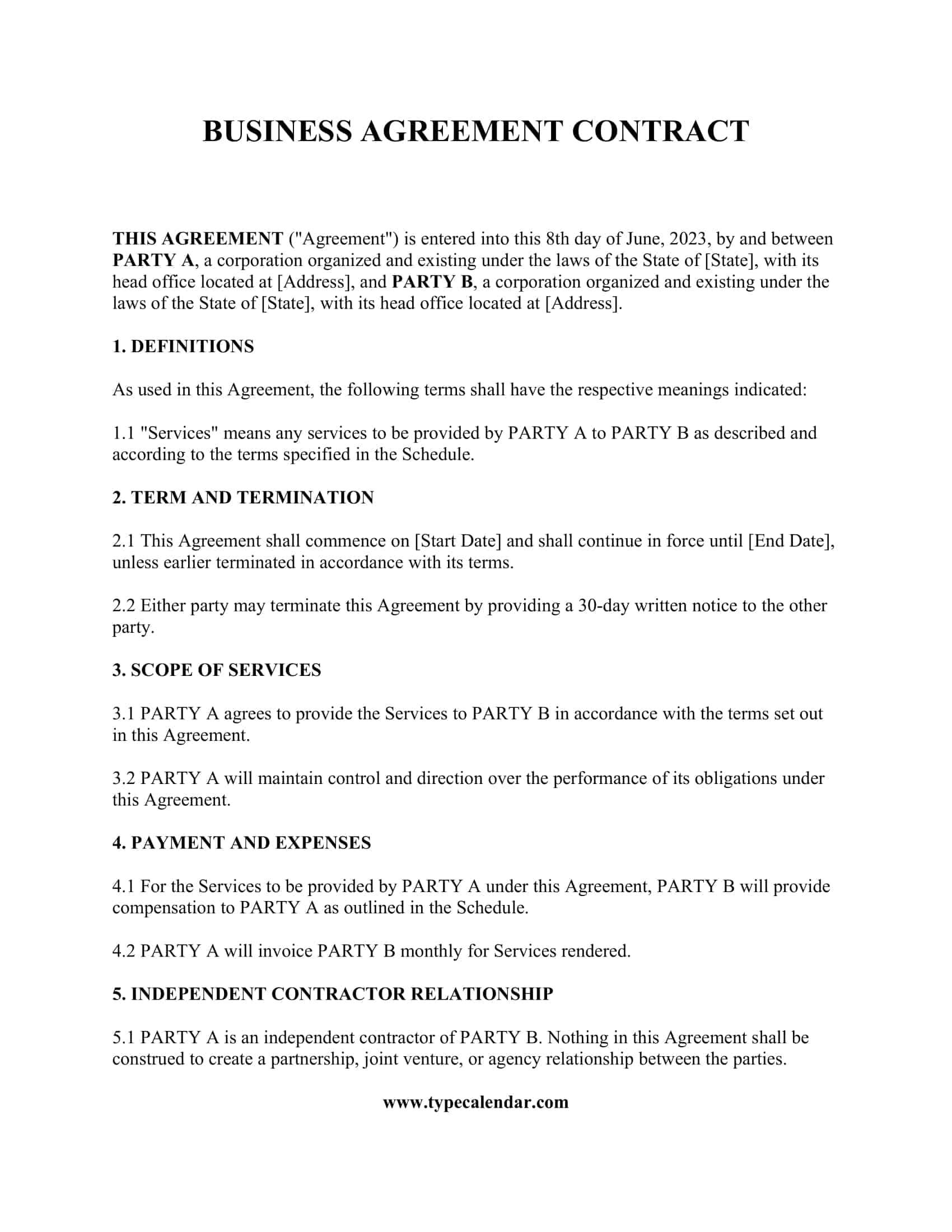 Business Agreement Template Sample