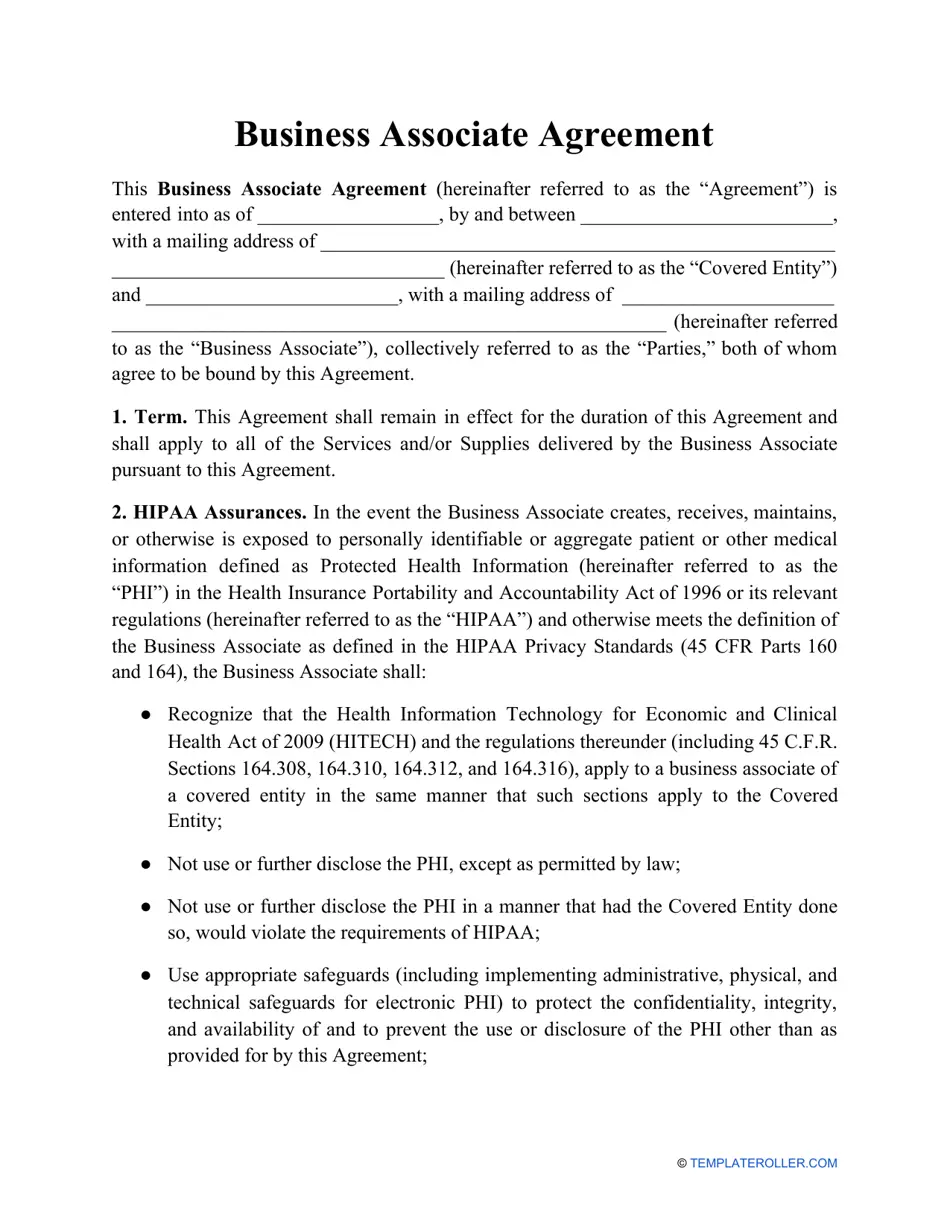 Business Associate Agreement Template Business Associate Agreement Template