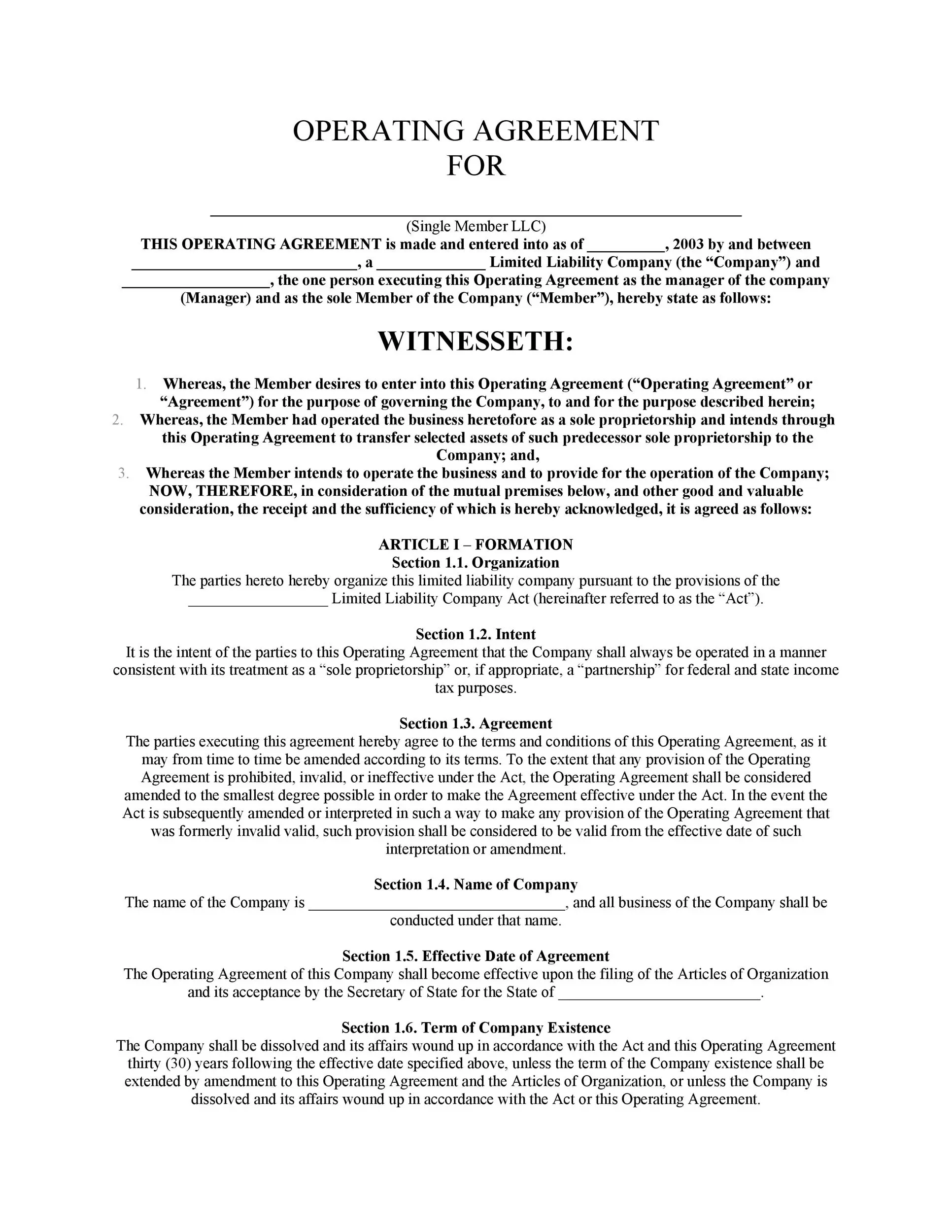Business Operating Agreement Template Business Operating Agreement Template