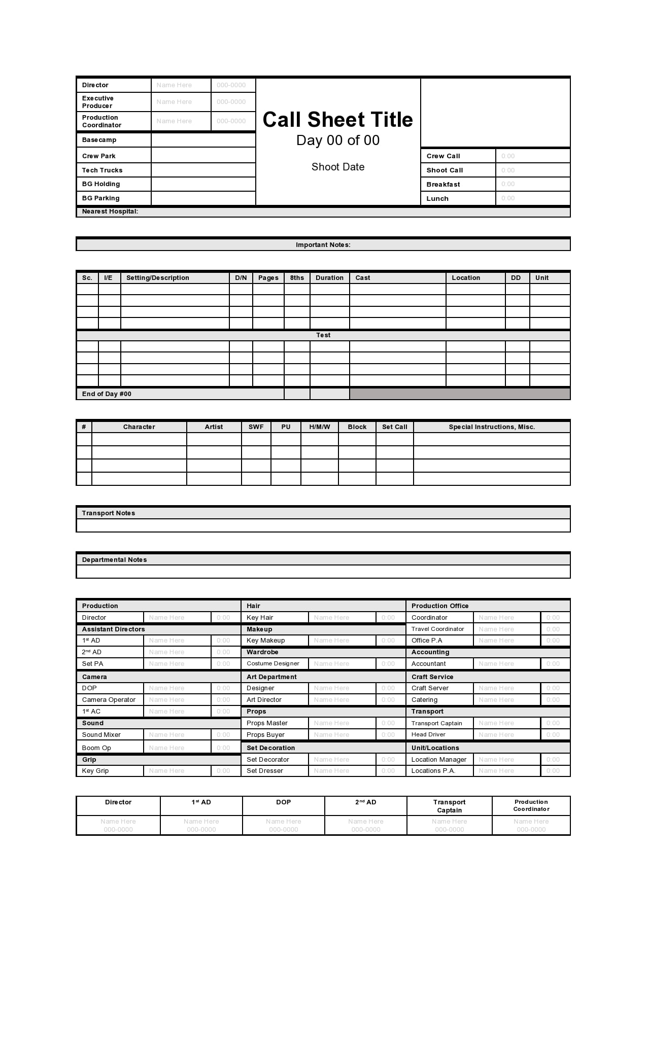 Call Sheet Template Sample Call Sheet Template Sample