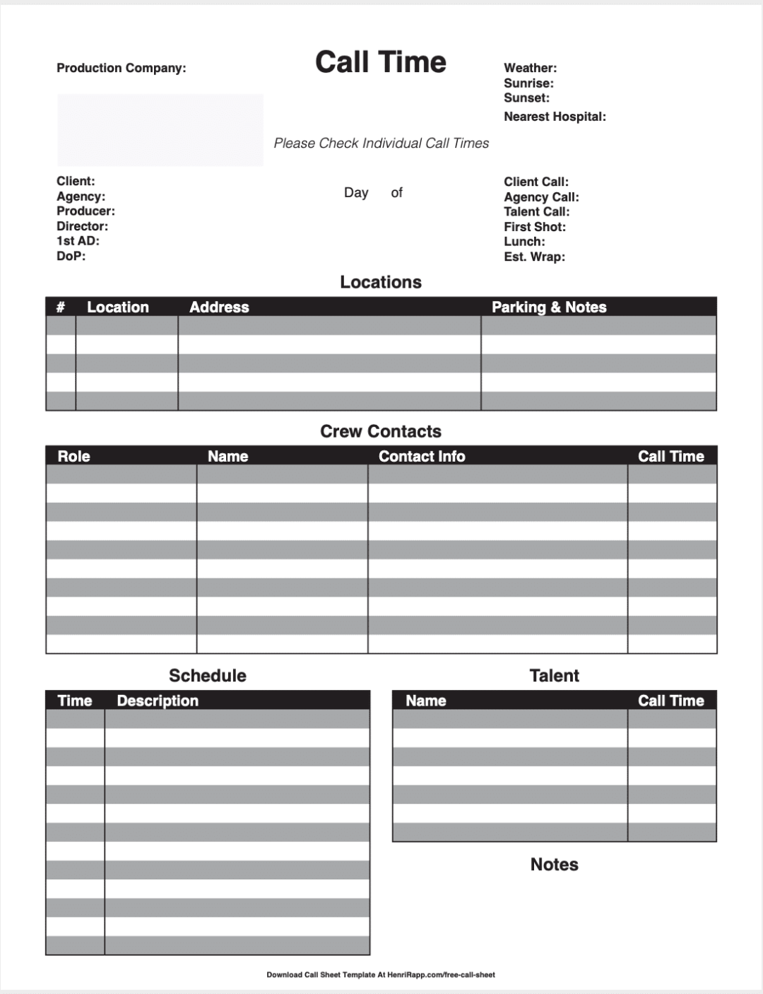 Call Sheet Template Call Sheet Template