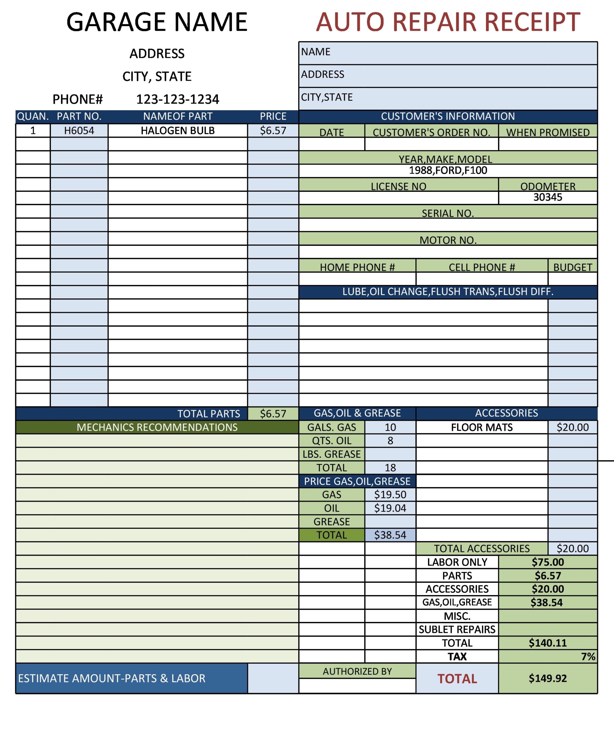 Car Repair Invoice Template Example Car Repair Invoice Template Example