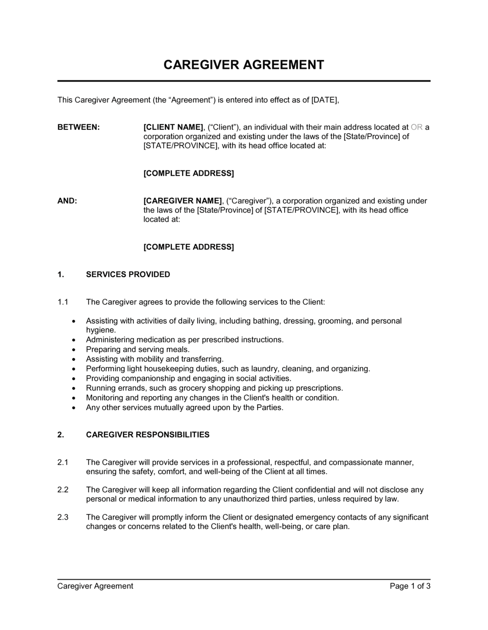 Caregiver Agreement Template Sample Caregiver Agreement Template Sample