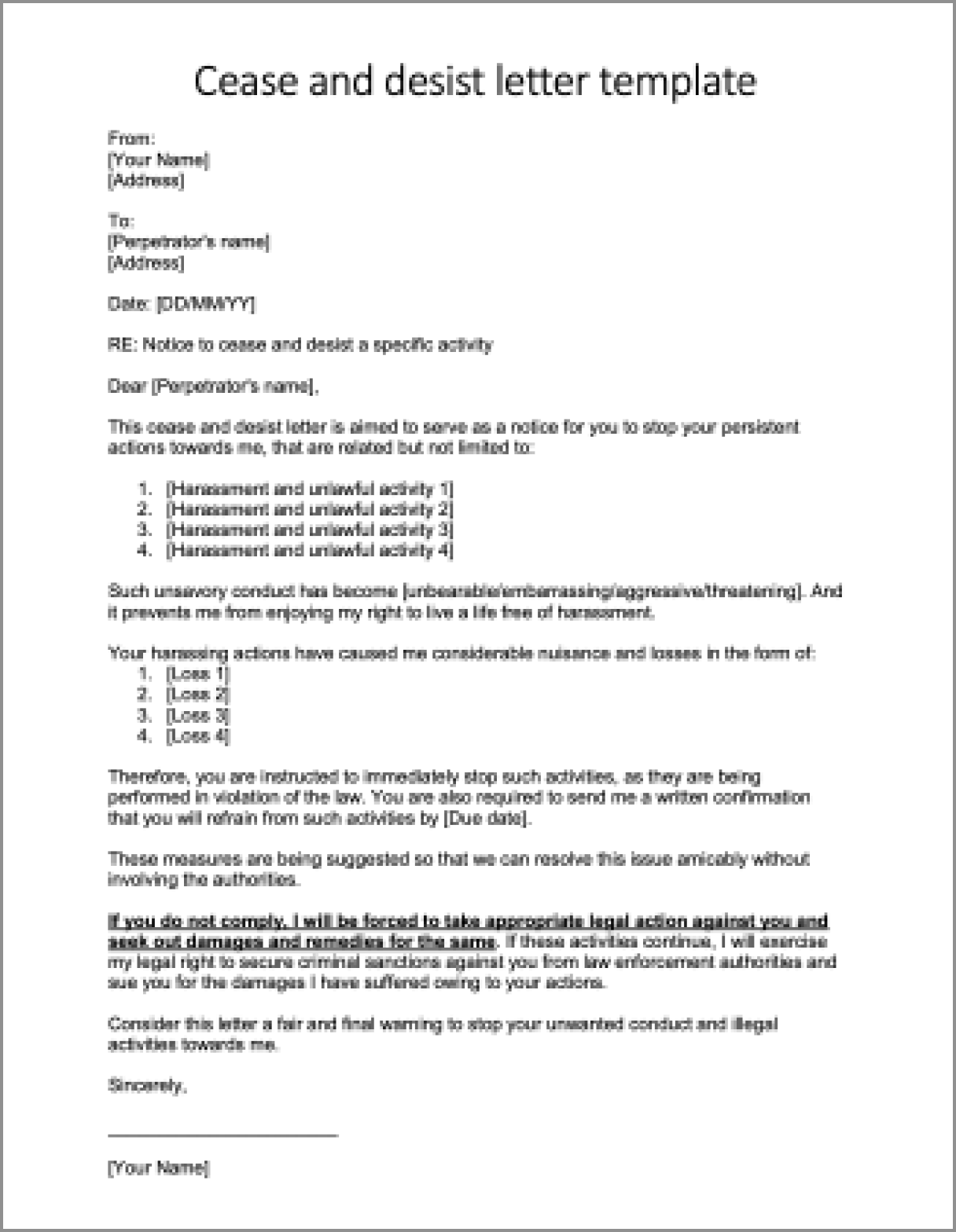 Cease and Desist Letter Template Sample Cease and Desist Letter Template Sample