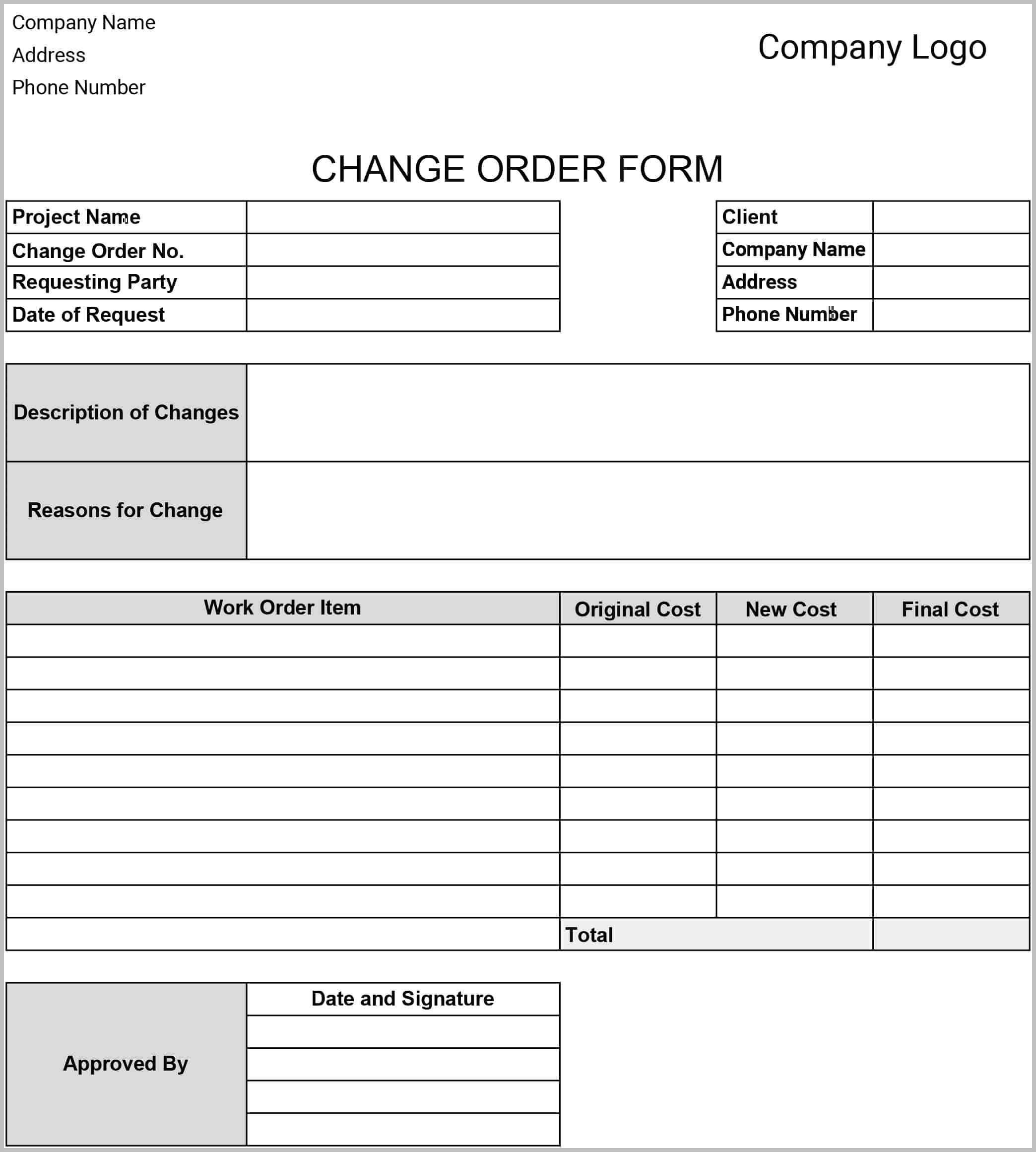 Change Order Template Example Change Order Template Example