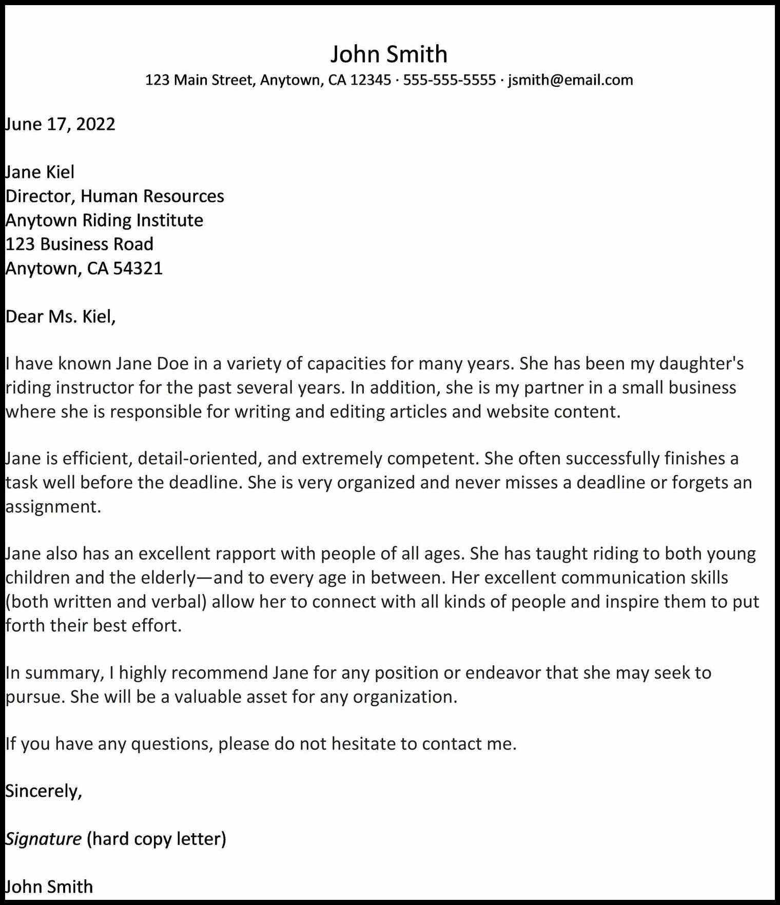 Character Reference Letter Template Sample Character Reference Letter Template Sample