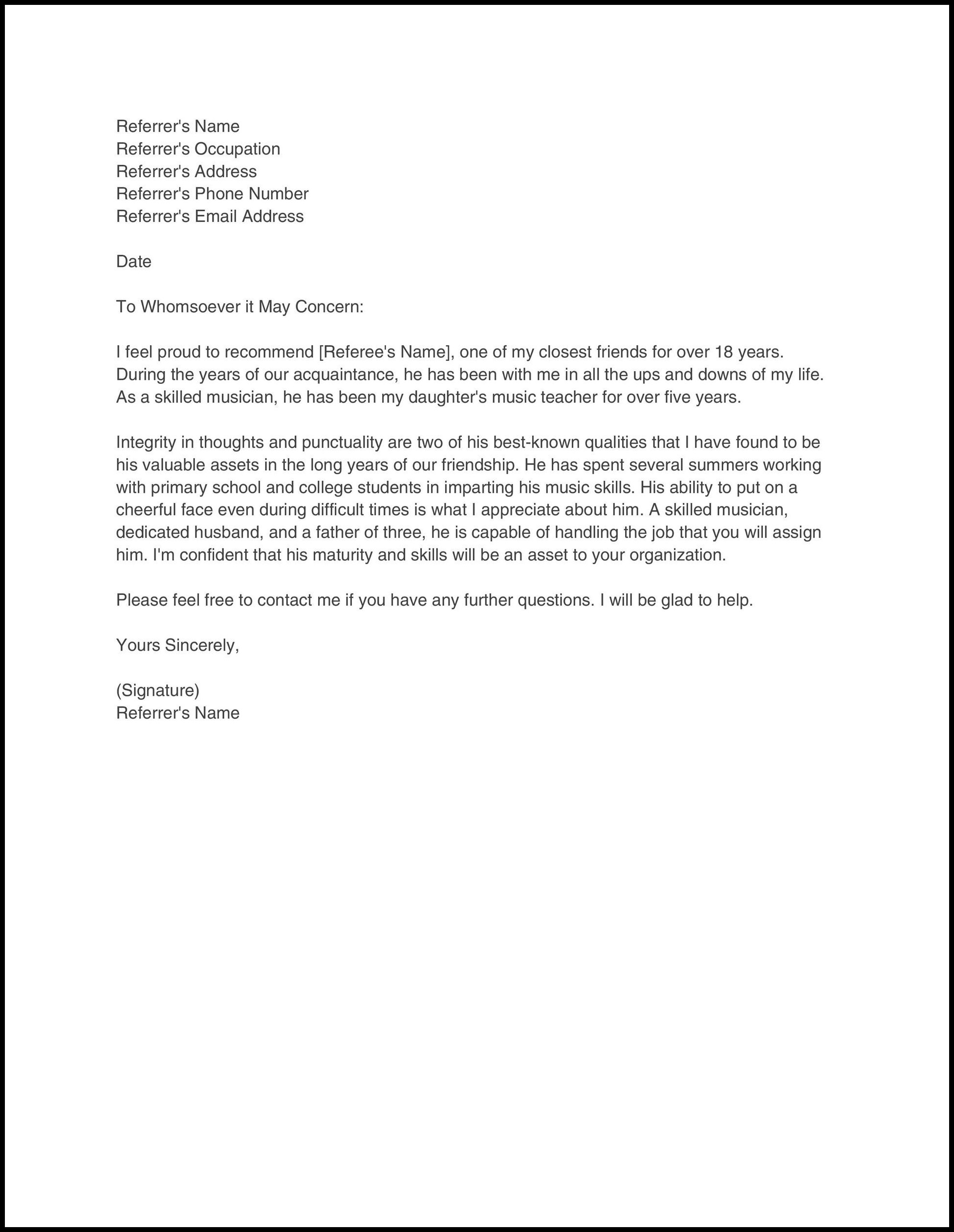 Character Reference Letter Template Character Reference Letter Template
