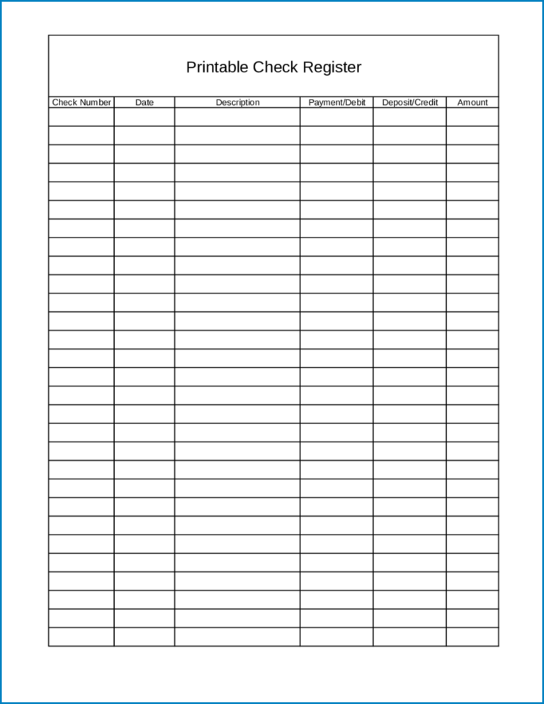 Printable Checkbook Register Template