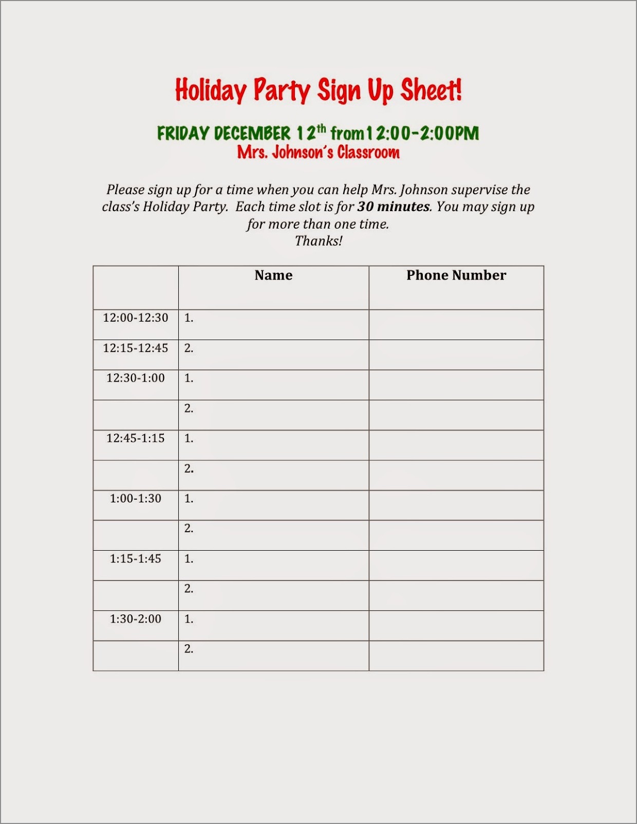 Christmas party sign up sheet template example