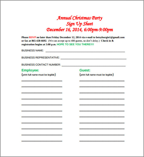 Christmas party sign up sheet template sample
