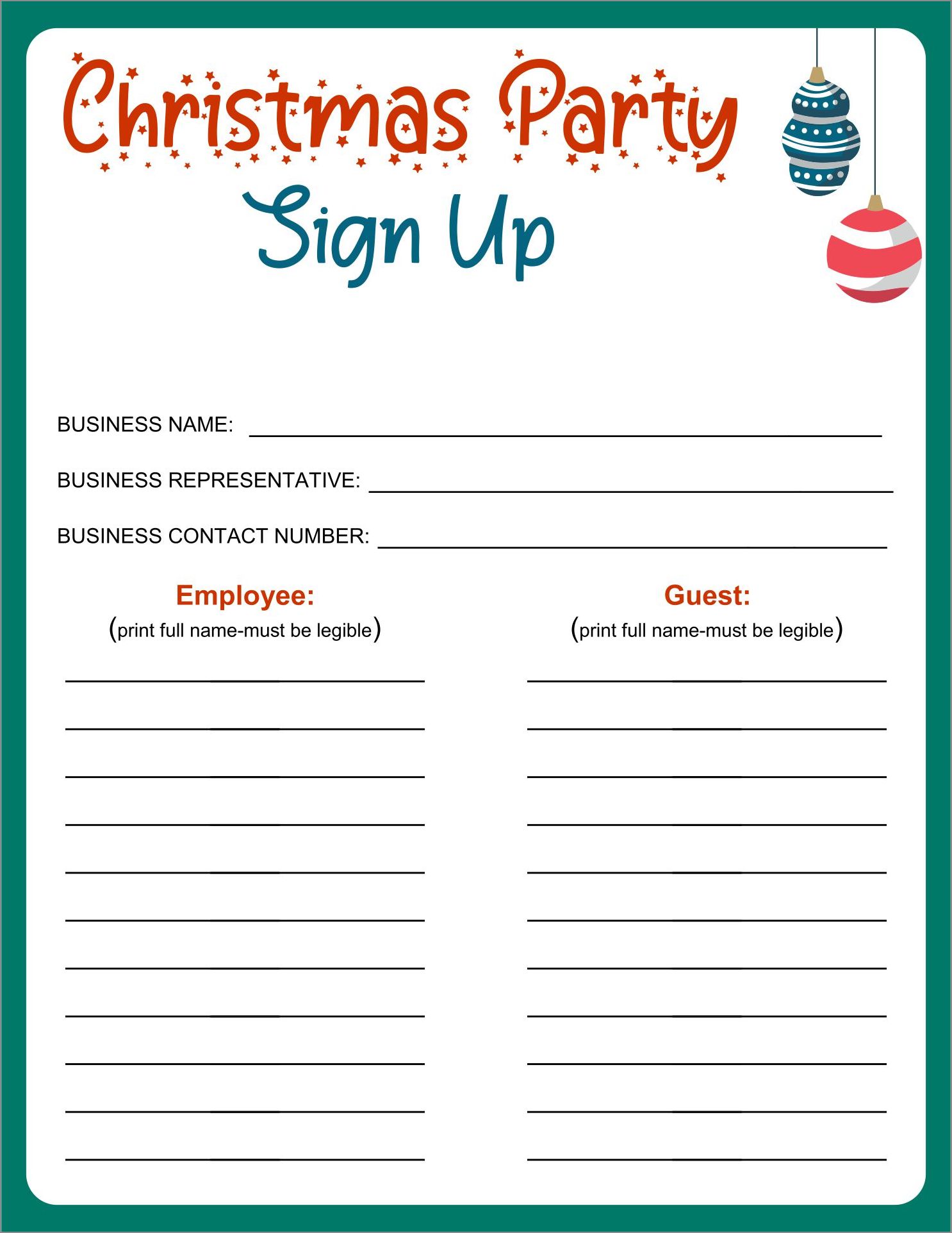 Christmas party sign up sheet template