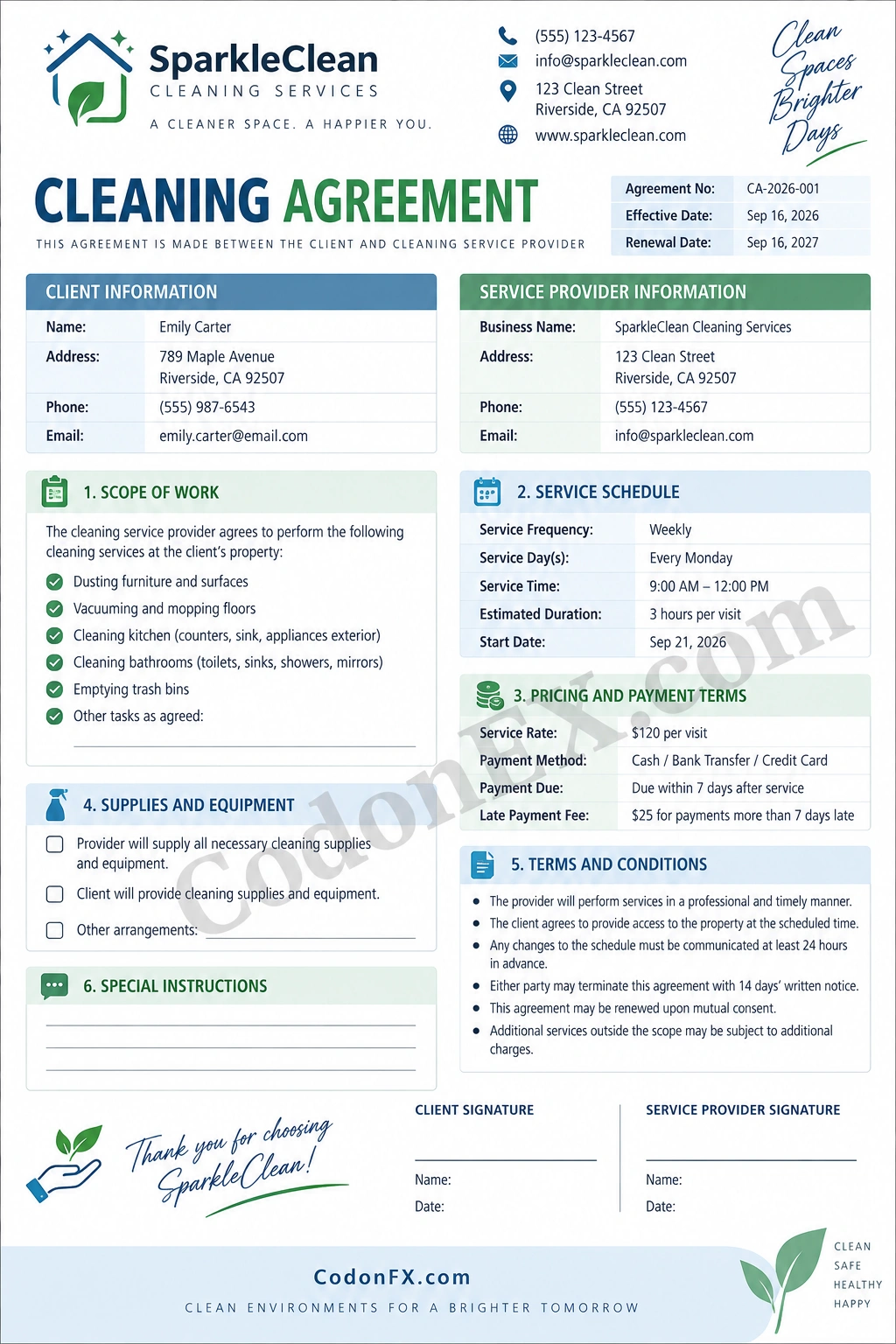 Cleaning Agreement Template Cleaning Agreement Template for professional cleaning services