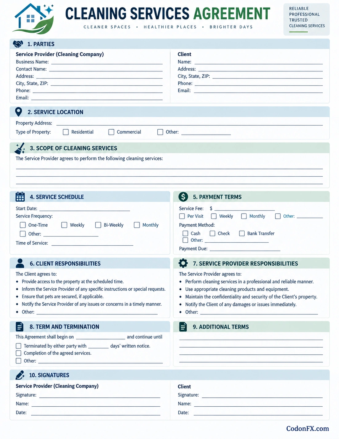 Cleaning Service Agreement Template Printable cleaning services agreement template with service details, cleaning scope, schedule, payment terms, responsibilities, termination, and signatures