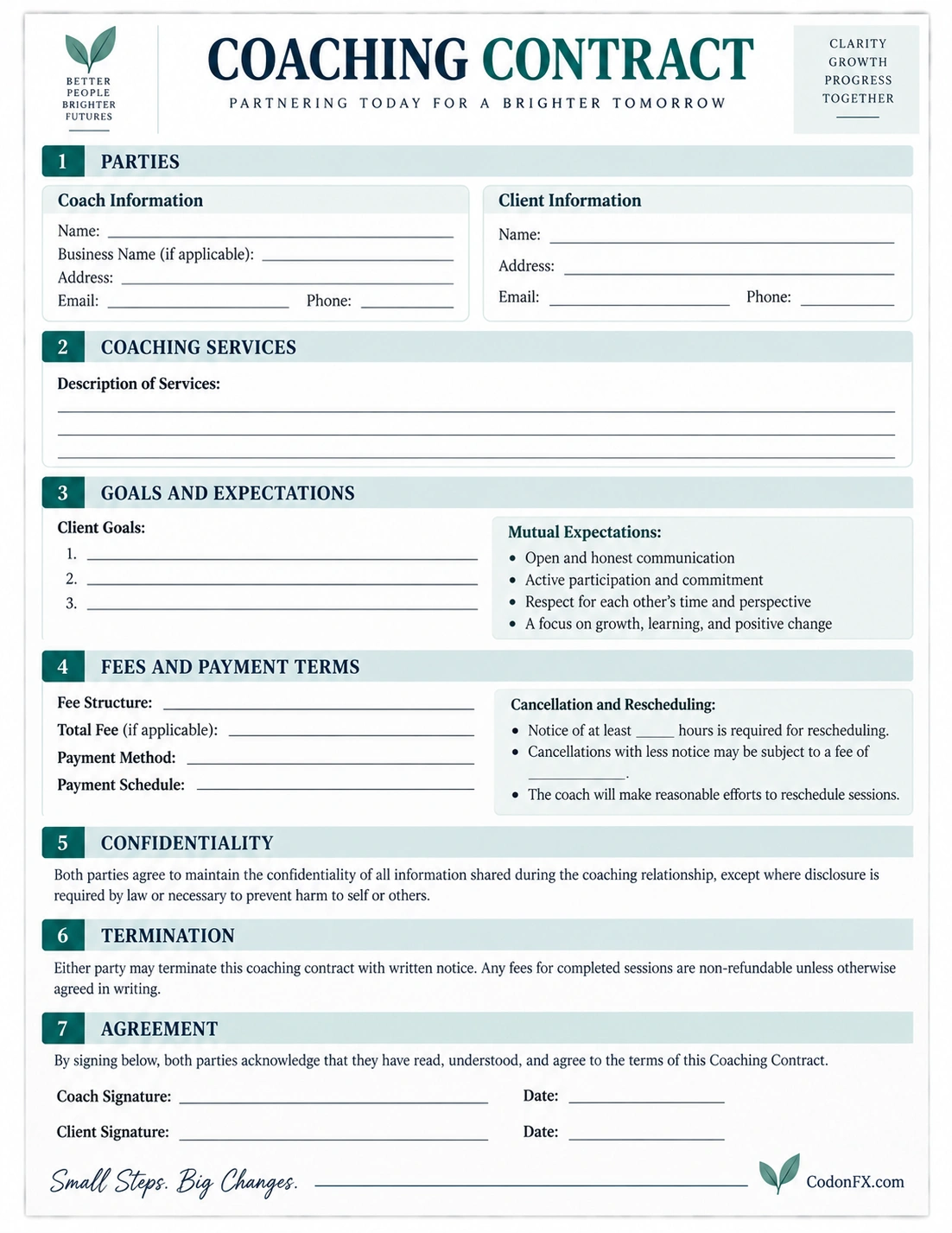 Coaching Contract Template Printable coaching contract template with coach and client information, services, goals, fees, confidentiality, termination, and signatures