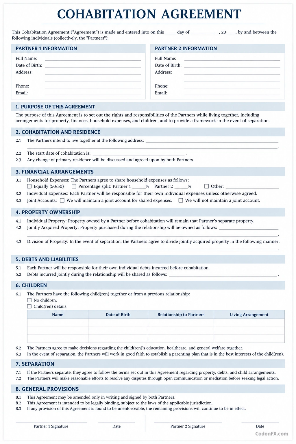 Cohabitation agreement template covering finances, property ownership, debts, children, separation, and partner signatures