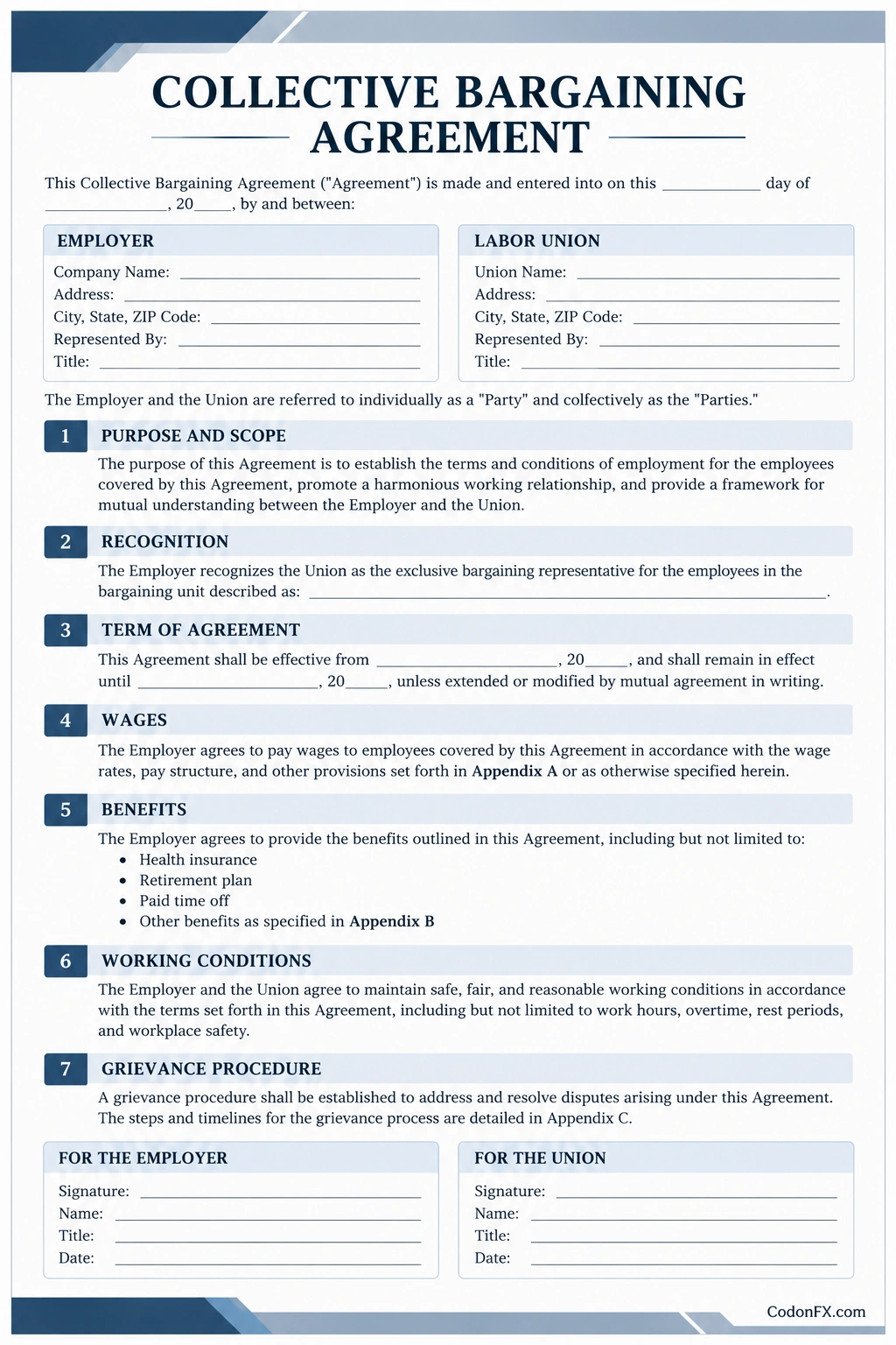 Collective Bargaining Agreement Template Printable collective bargaining agreement template covering wages, benefits, working conditions, recognition, and grievance procedures
