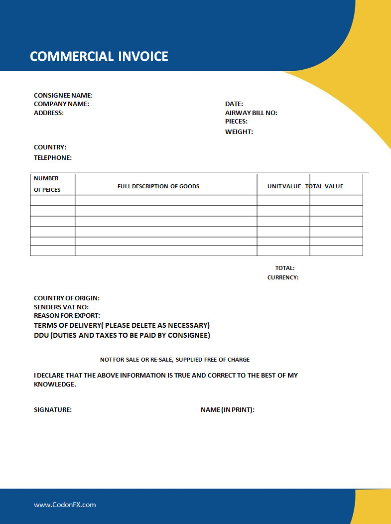 Printable Blank Commercial Invoice Template Word