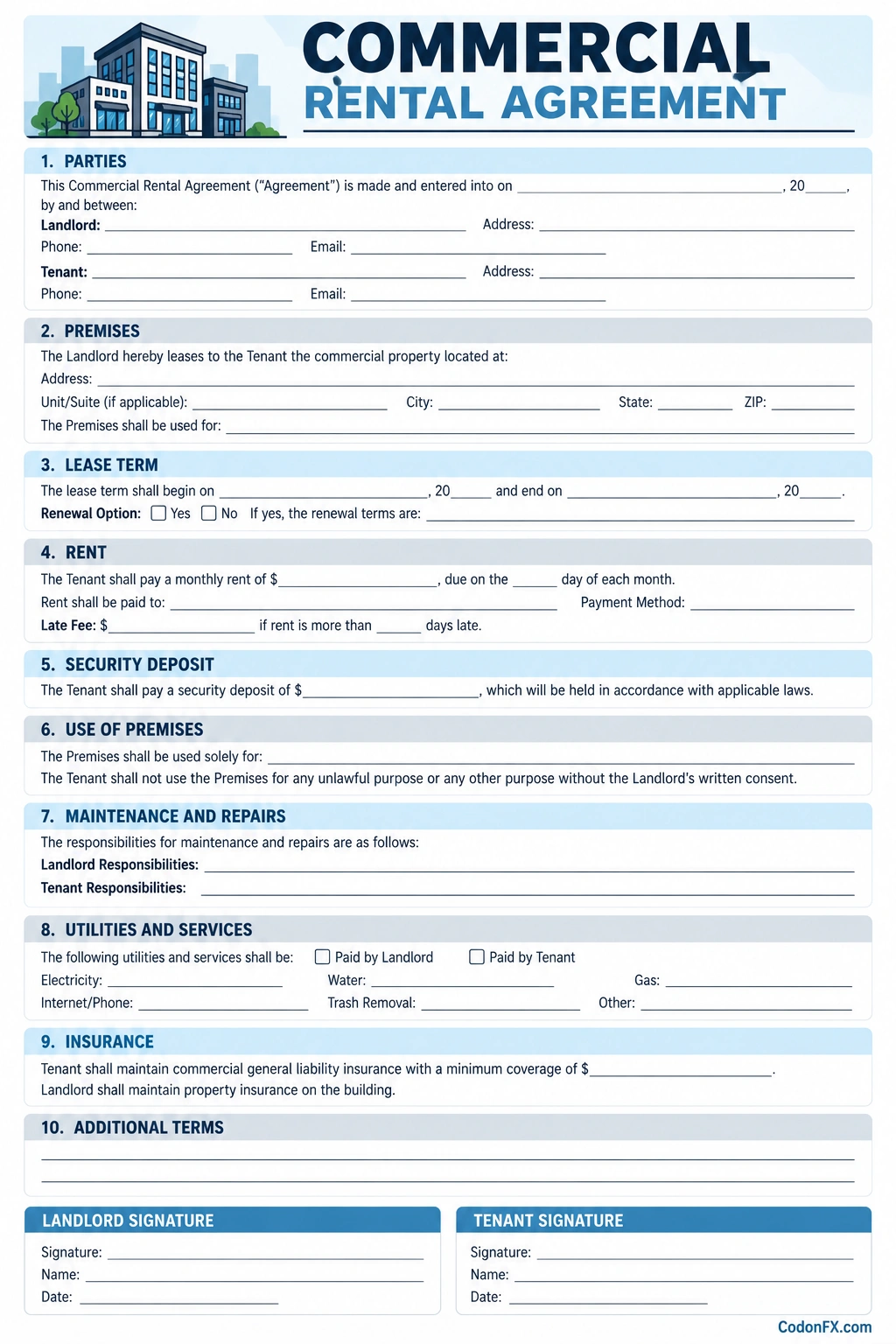Commercial Rental Agreement Template Printable commercial rental agreement template for landlords and business tenants