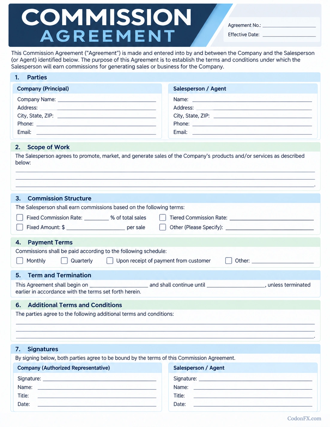 Commission Agreement Template Printable commission agreement template with sales responsibilities, commission rates, payment terms, termination, and signature sections