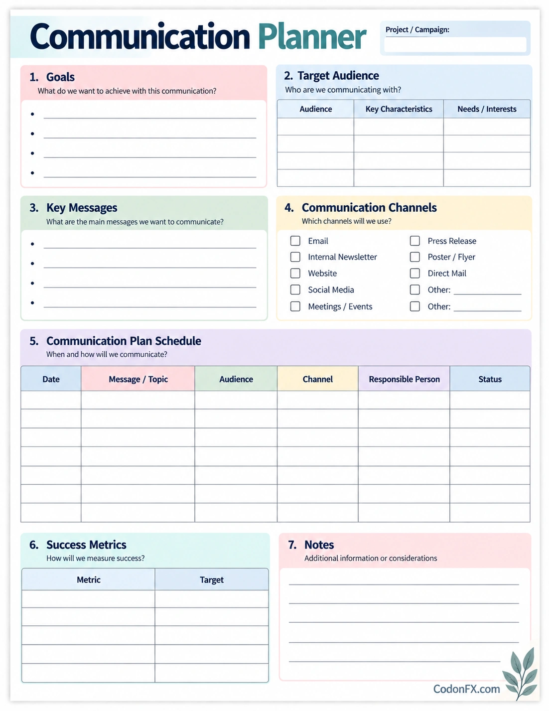 Printable Communication Planner Template for organizing goals, audiences, messages, channels, schedules, and metrics