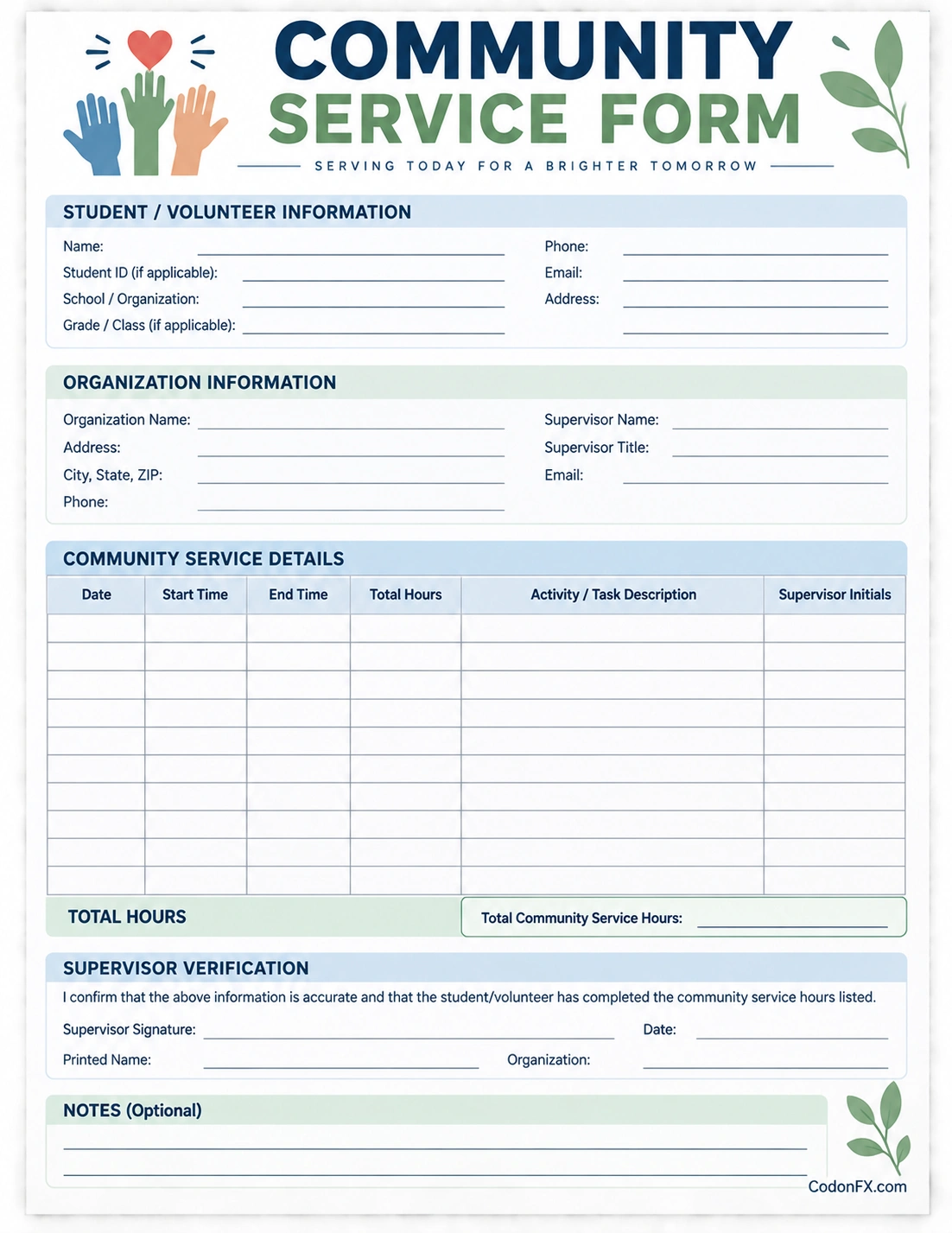 Community Service Form Printable community service form template for tracking volunteer hours and supervisor verification