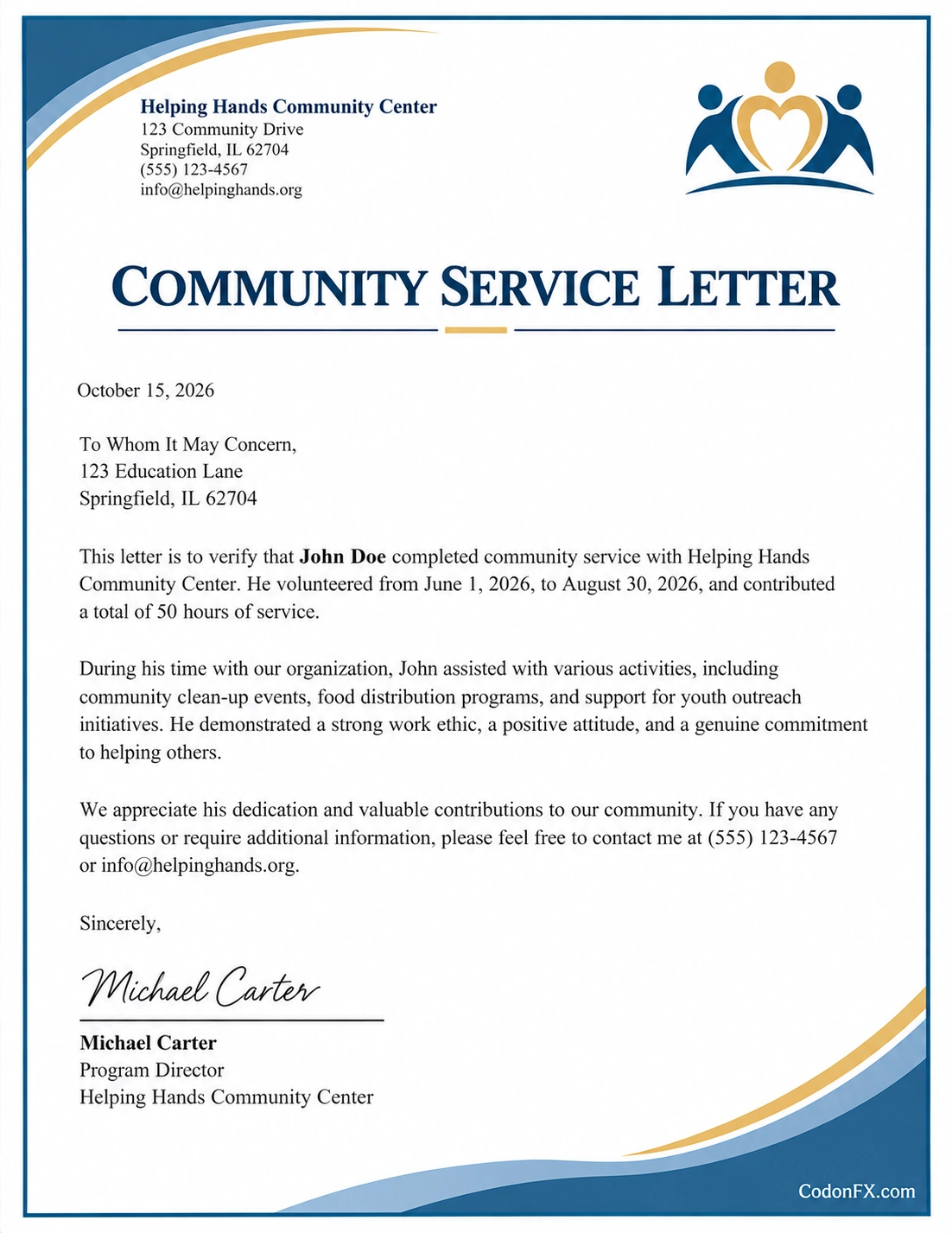 Sample community service letter confirming volunteer service hours, activities, contributions, and program director verification