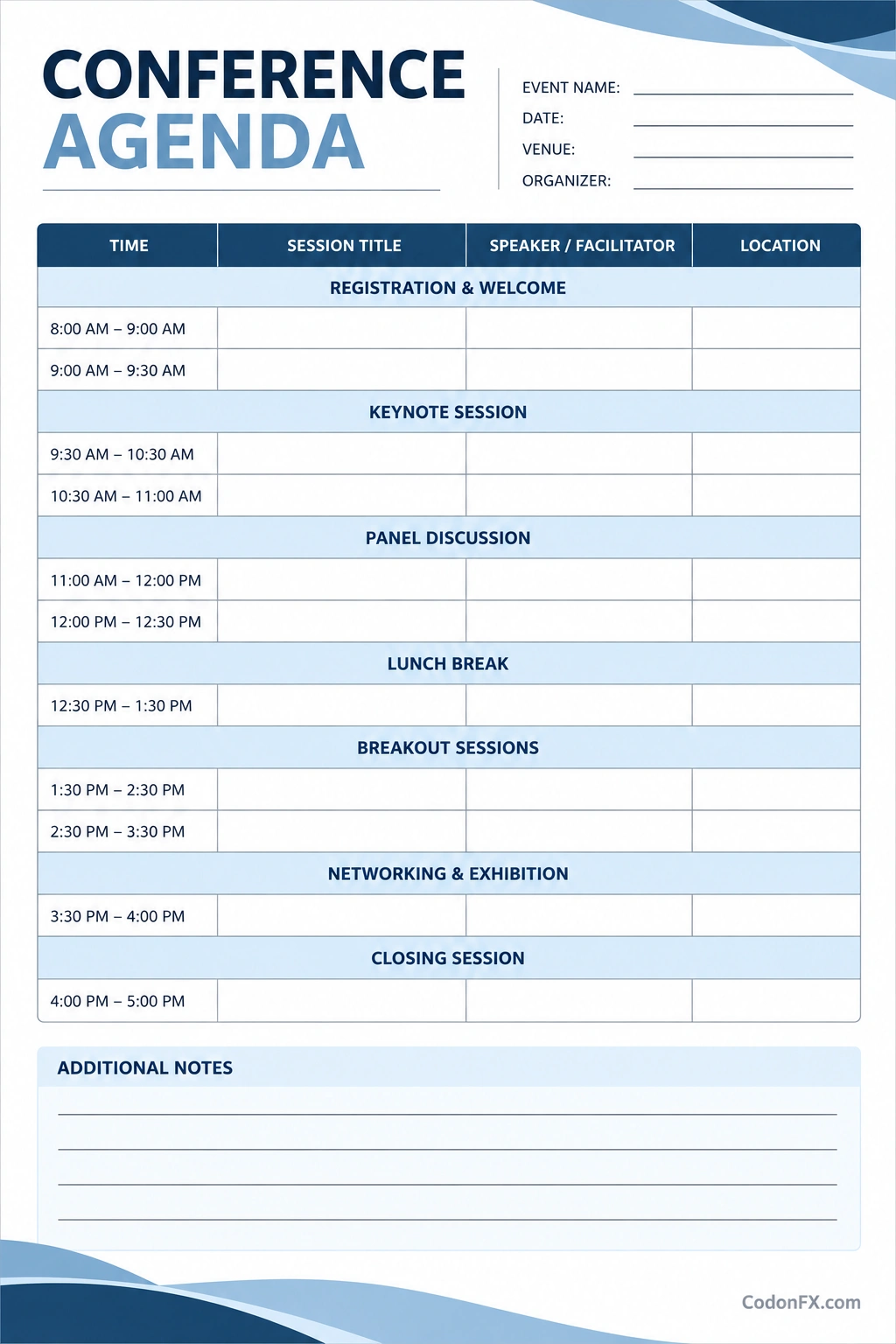 Conference Agenda Template Conference agenda template for organizing event schedules, session times, speakers, and locations