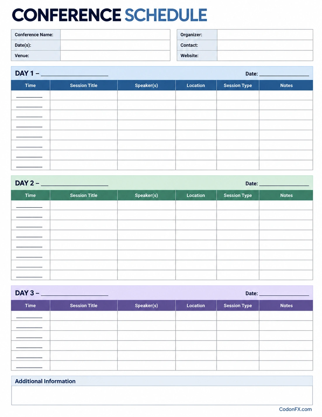 Conference Schedule Template Printable conference schedule template with three daily timetable sections and columns for session times, titles, speakers, locations, session types, and notes.