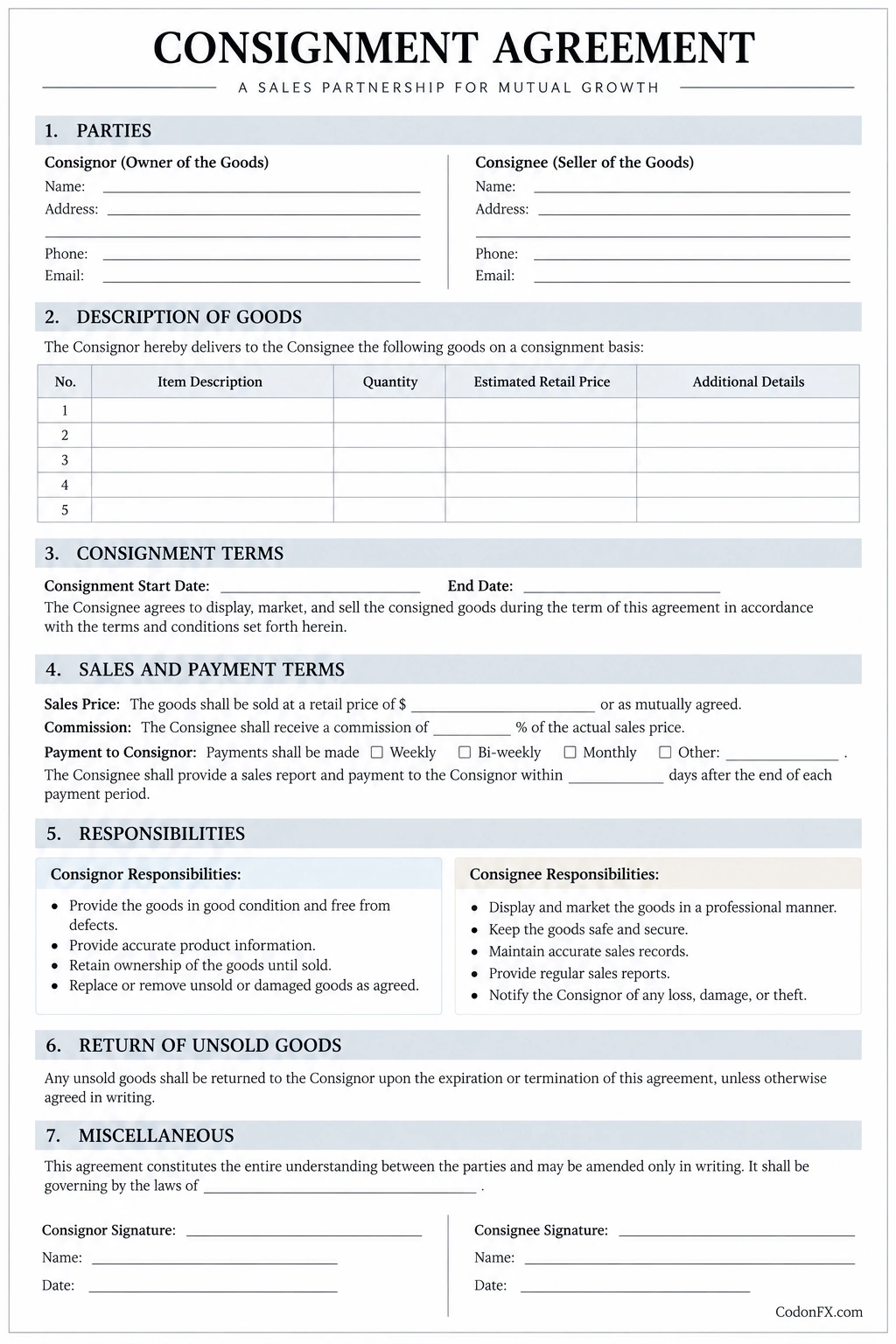 Consignment Agreement Template Printable consignment agreement template with sections for consignor and consignee details, goods description, commission, payment terms, responsibilities, and signatures