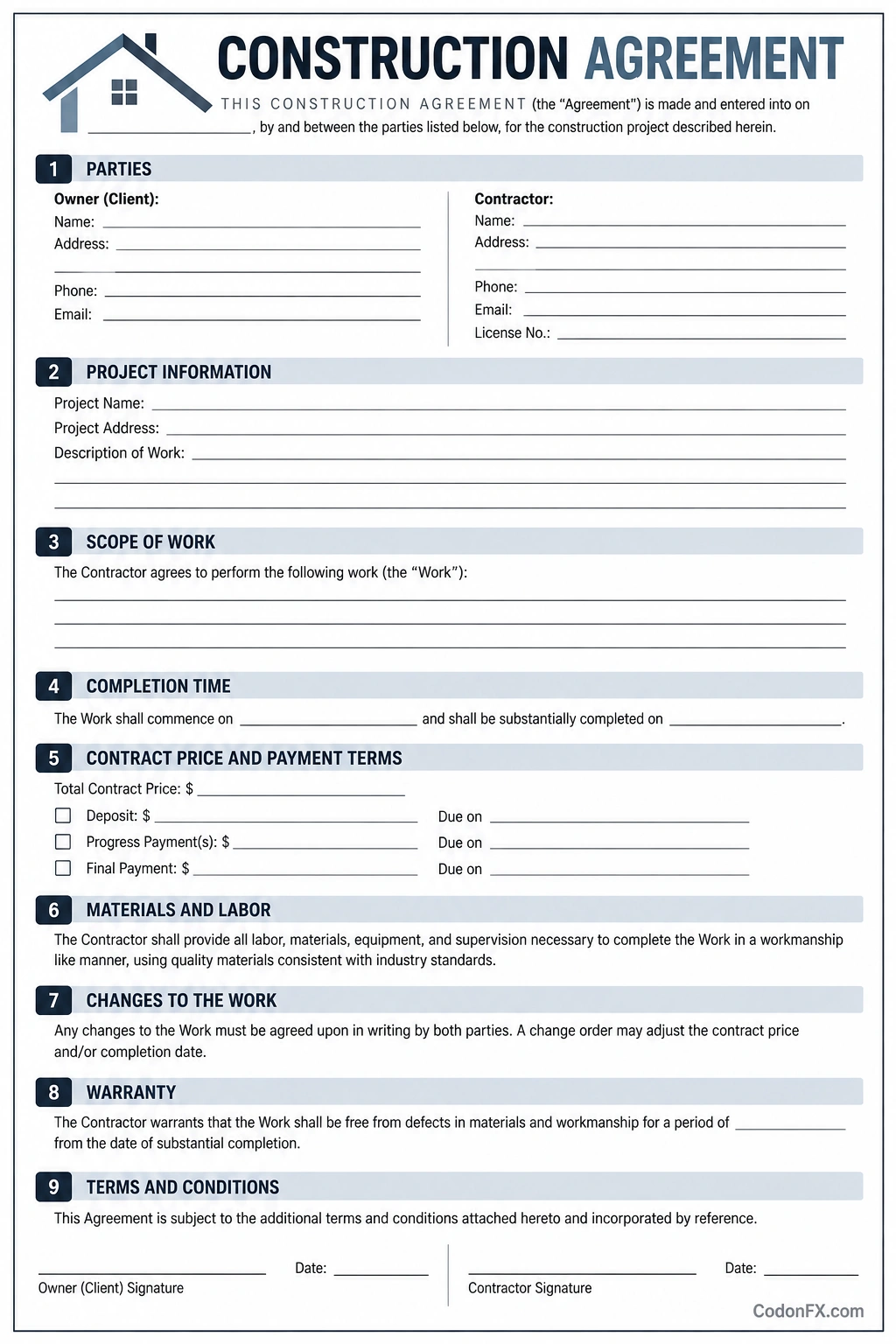 Construction Agreement Template Printable construction agreement template with owner and contractor details, project scope, completion dates, payment terms, warranty, and signature lines