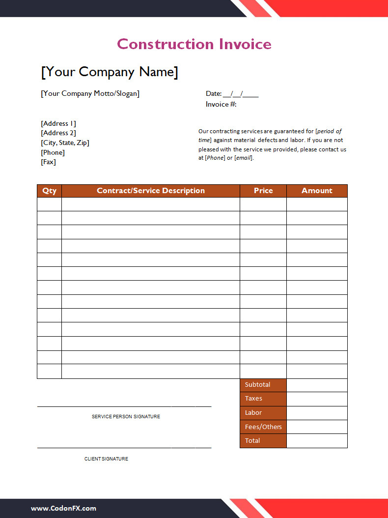 Simple Construction Invoice Template