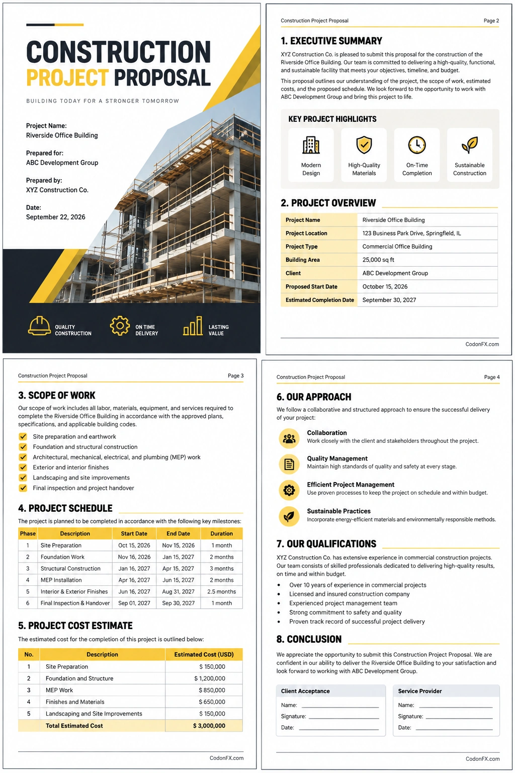 Construction Project Proposal Template Sample construction project proposal showing project overview, scope of work, schedule, estimated costs, contractor qualifications, and approval sections