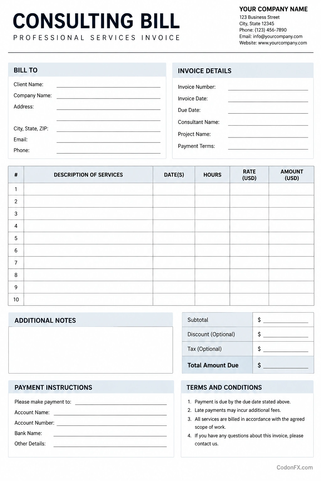 Printable Consulting Bill Template With Client Details, Service Descriptions, Hourly Rates, Invoice Totals, and Payment Instructions
