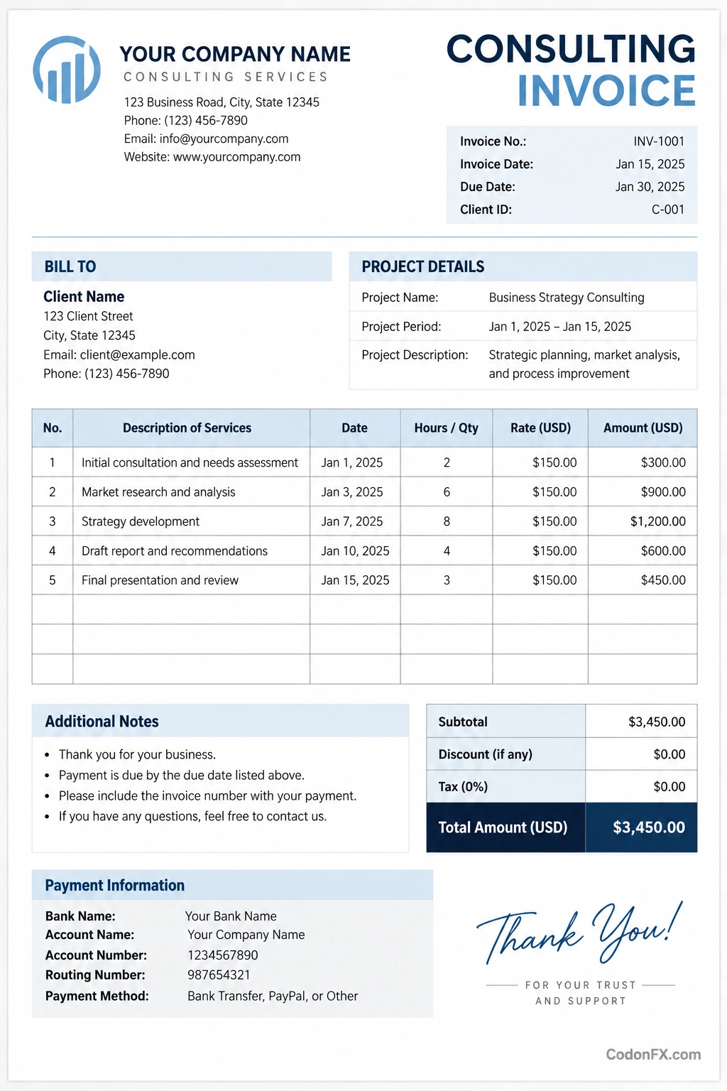 Consulting Invoice Template Printable consulting invoice template with consultant and client details, project information, service descriptions, dates, hours, rates, line-item amounts, payment terms, and total due