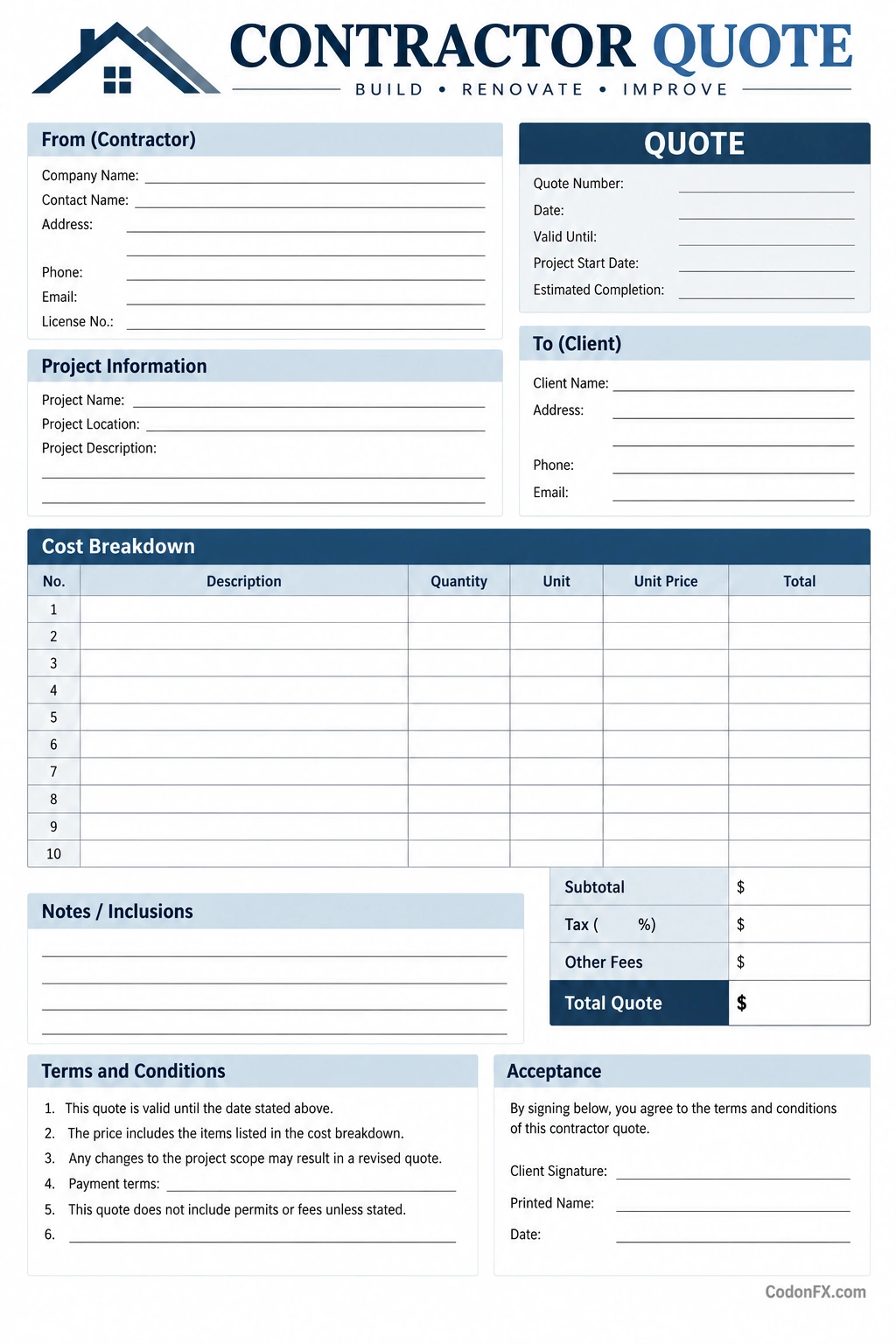 Contractor Quote Template Printable contractor quote template with project details, itemized labor and material costs, total price, payment terms, and client acceptance fields