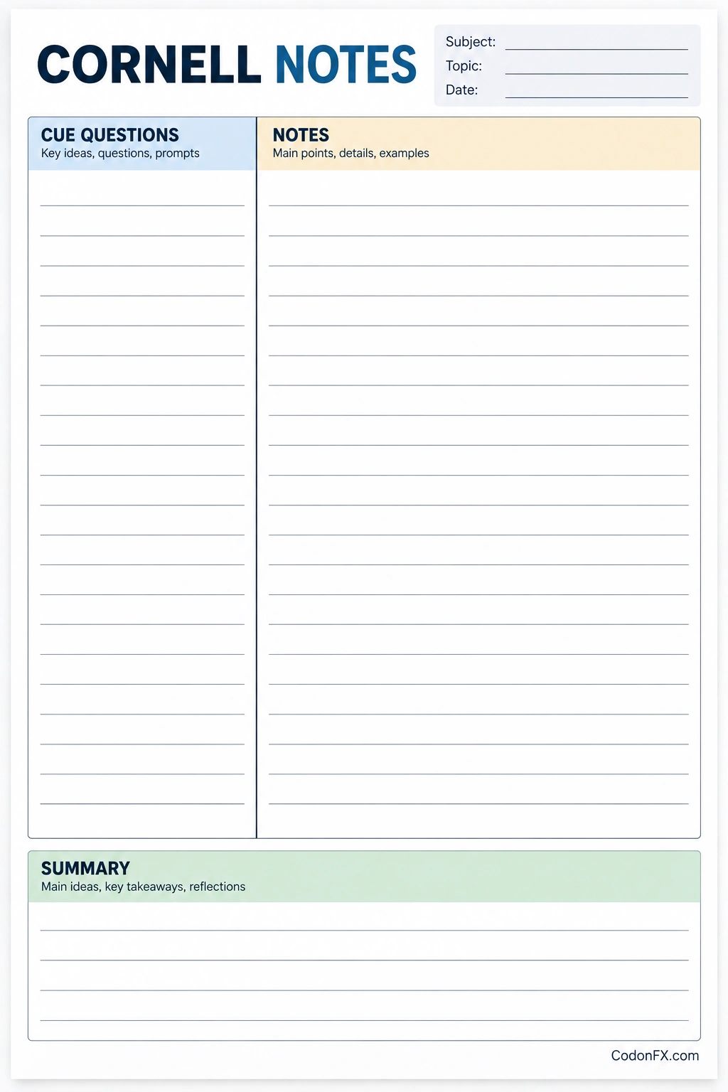 Cornell Notes Template Cornell Notes template with a cue questions column, lined notes section, subject and date fields, and a summary area for organized note-taking.